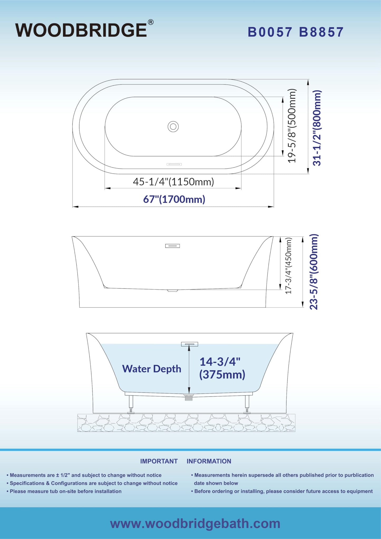 WOODBRIDGE 59" Acrylic Freestanding Bathtub Contemporary Soaking White Tub with Brushed Nickel Overflow and Drain,B0014 -B/N-Drain &O