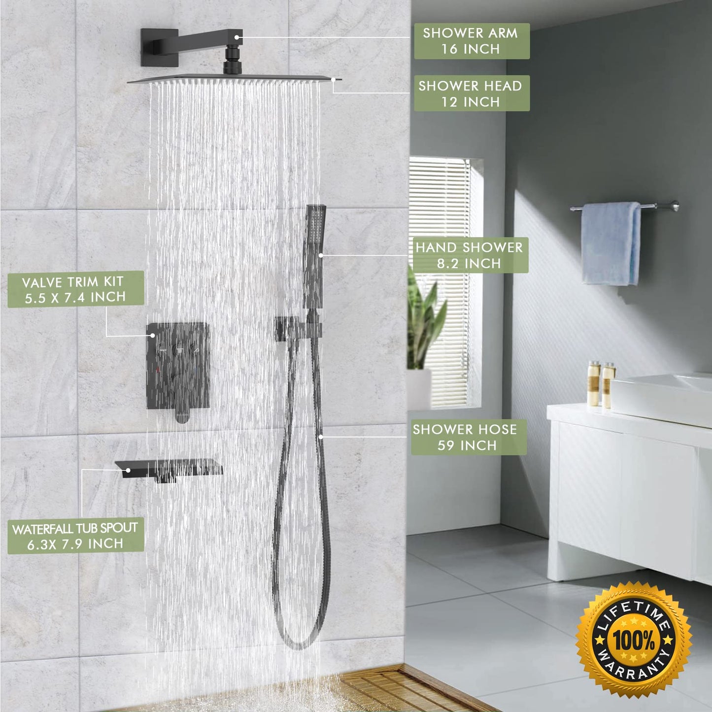 Matte Black Shower System, Shower Faucet Set with 3 Way Pressure Balance Valve and Trim Kit All Metal 10 Inch Rainfall Shower Head System Wall Mounted Can Use All Faucets At Same Time