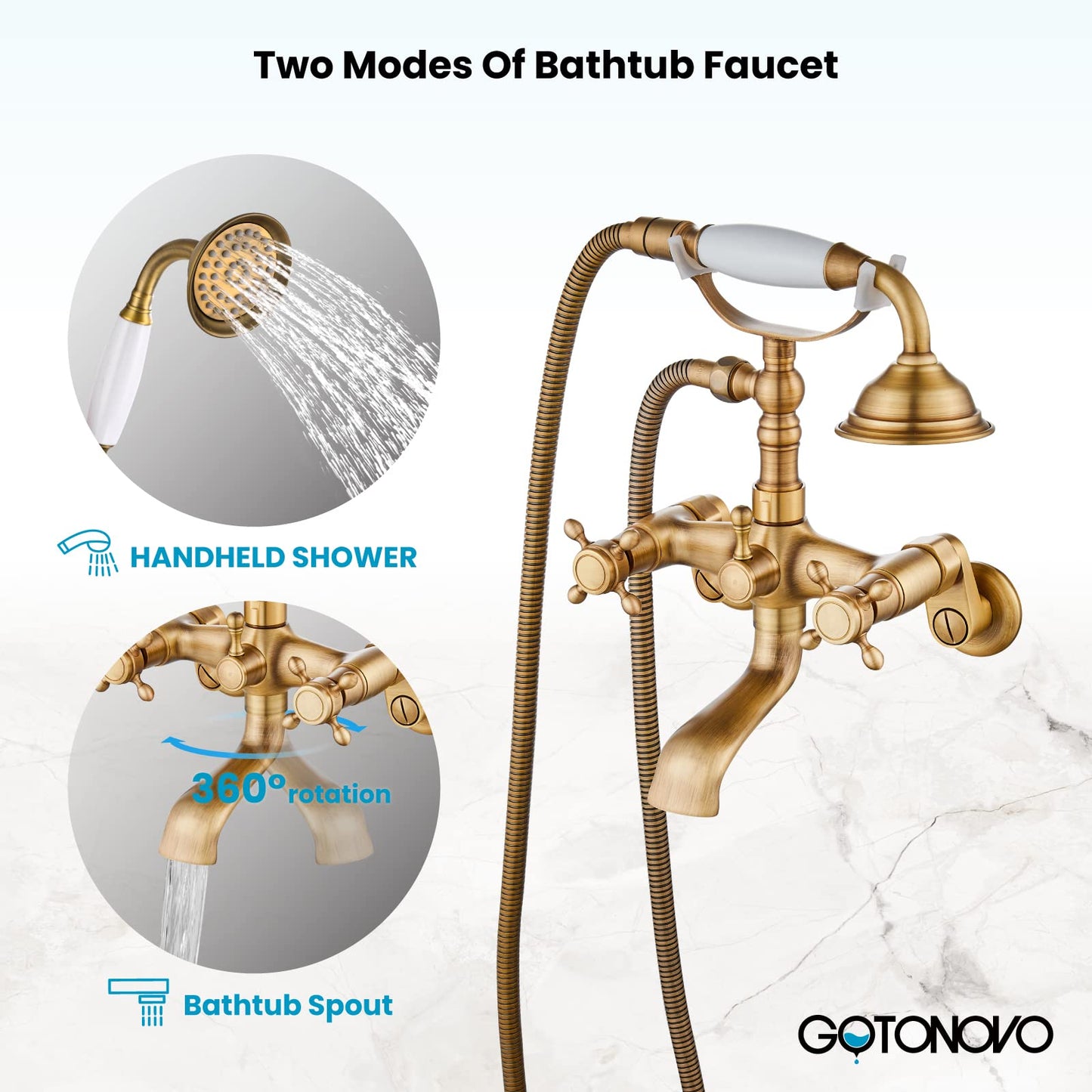 gotonovo Bathtub Clawfoot Faucet Brushed Nickel Finish Wall Mount Tub Filler with Hand Held Shower Faucet 2 Cross Handles with Tub Spout Victorian Vintage Telephone Style