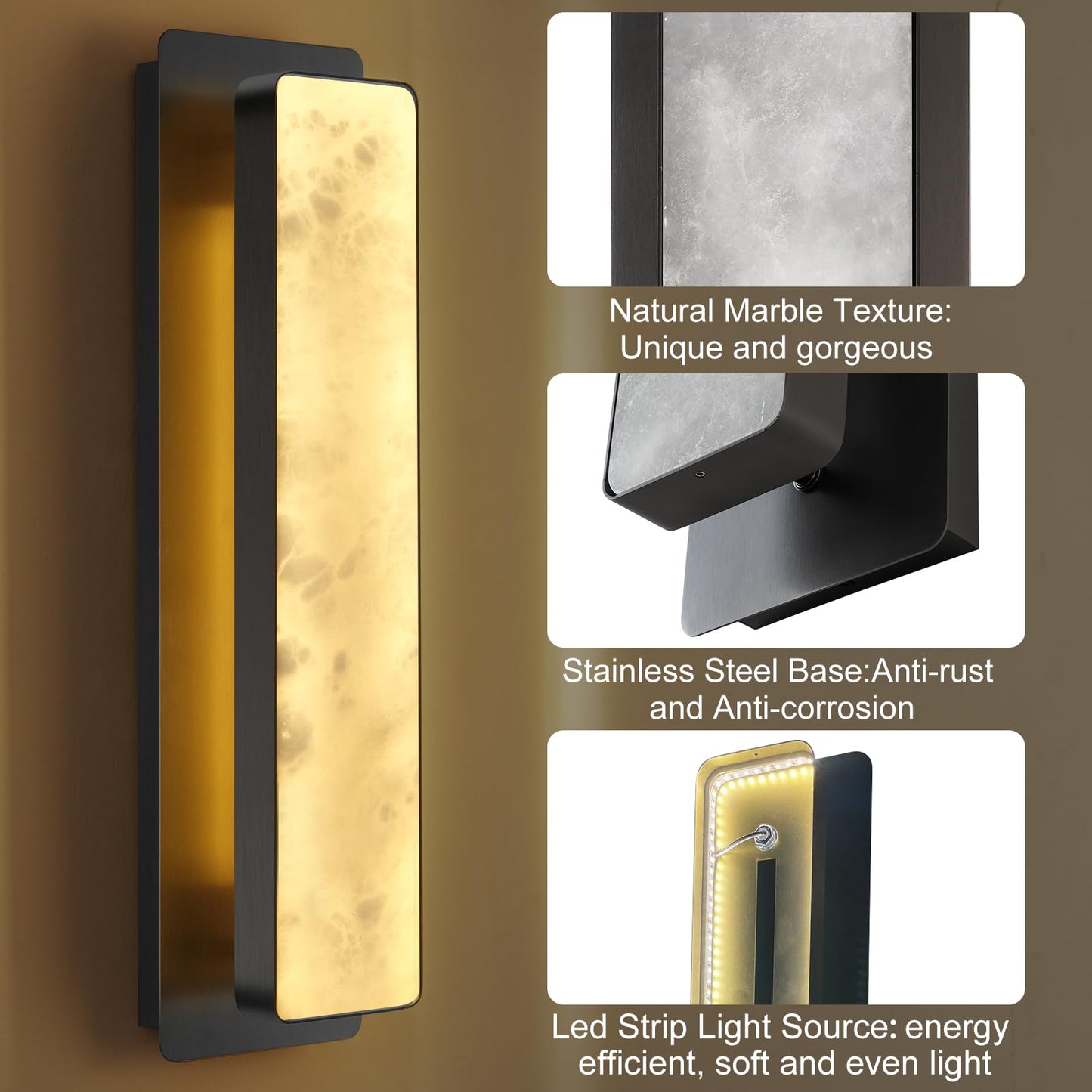 Modern Alabaster Wall Sconces Set of Two, 20" Gold Bathroom Sconces Wall Lighting Brass Sconce Vanity Light Indoor Natural Marble Wall Lights for Living Room, Dining Room, Bedroom, Stairs, Foyer