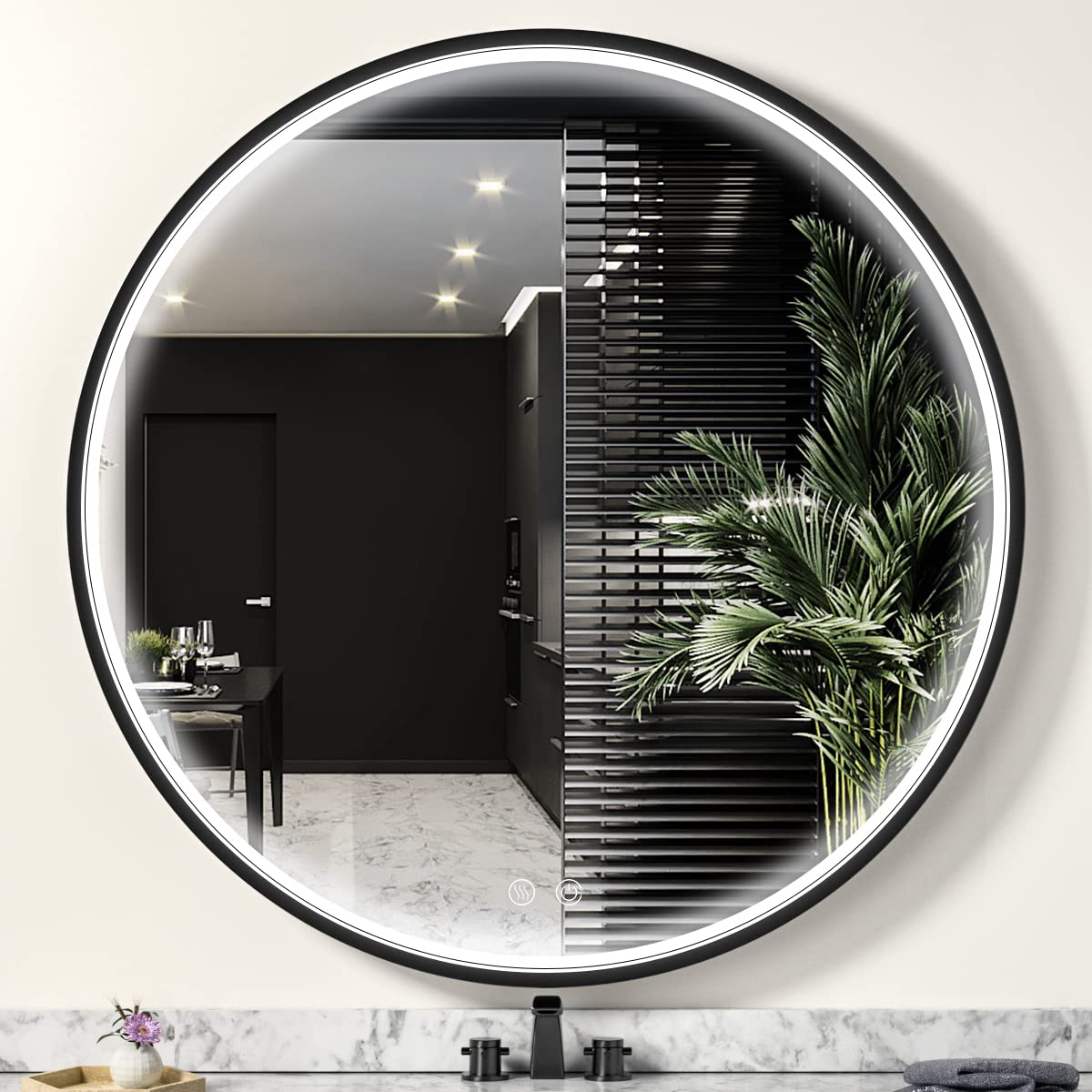 LED Round Mirror,36 Inch Gold Frame Bathroom Mirror with Light,6000K Lighted Vanity Mirror,Wall Mounted,Anti-Fog & Dimmable Touch Switch, Waterproof IP54