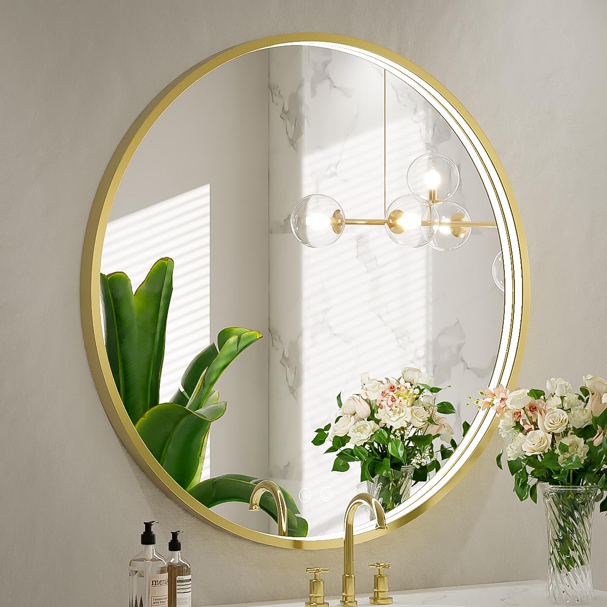 LED Round Mirror,36 Inch Gold Frame Bathroom Mirror with Light,6000K Lighted Vanity Mirror,Wall Mounted,Anti-Fog & Dimmable Touch Switch, Waterproof IP54