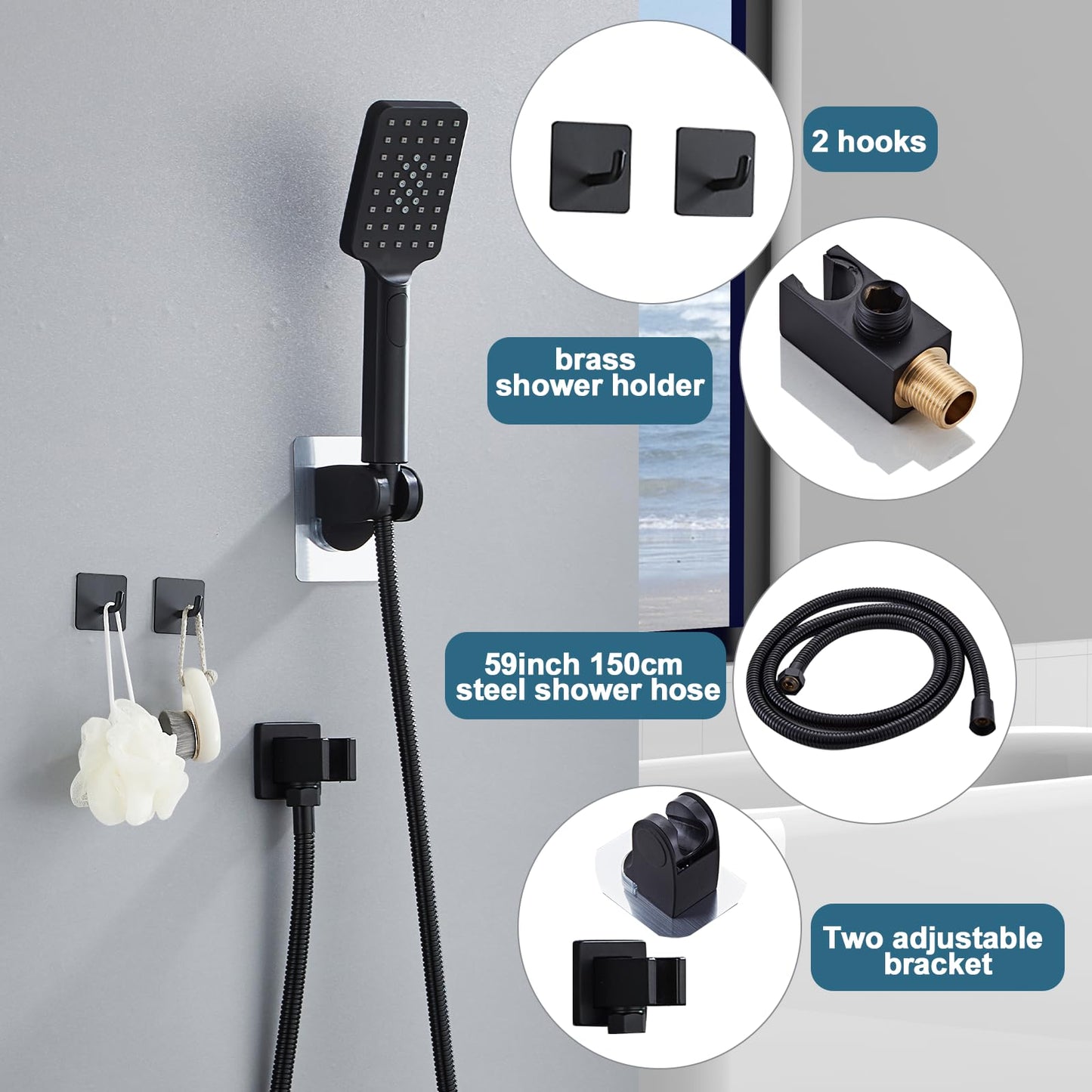 8 Inch Shower Faucet Set, Rainfall Shower System with High Pressure Handheld Shower Head, Bathroom Mixer Shower Set Wall Mounted Rough-in Valve and Trim Kit, with Tub Spout