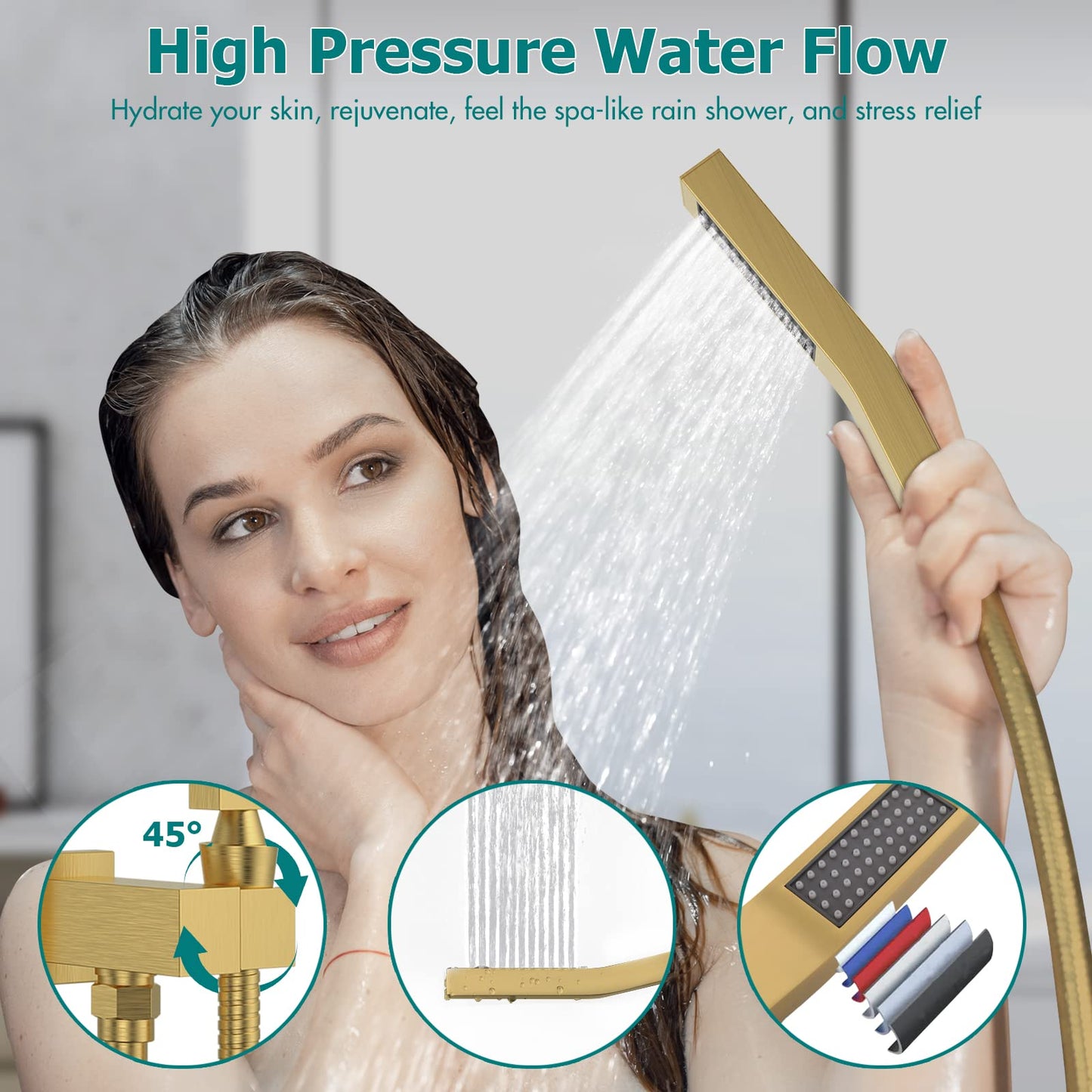 Gold Shower System, 12 Inch Shower Jets System Rain Shower Wall Mounted Body Spray Shower Faucet with Handheld and 6 Shower Jets Thermostatic Valve Body Can Use All Together-Brushed Gold