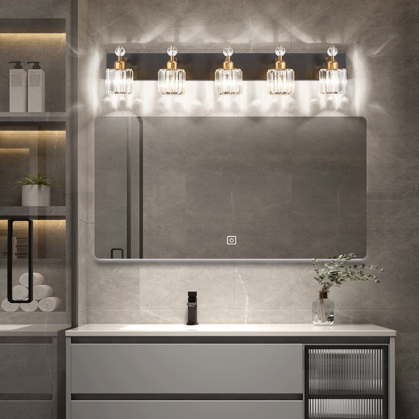 PRESDE Black Gold Crystal Bathroom Vanity Lights Fixtures Over Mirror Modern 3 Light Bath Wall Lighting