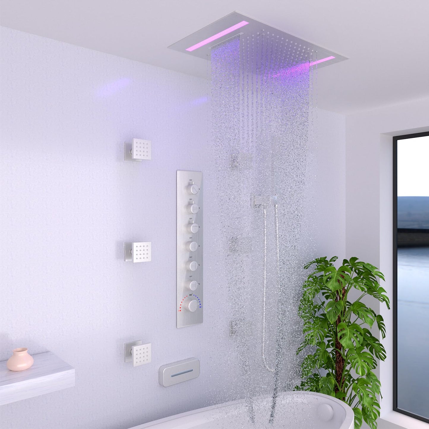 HOMEDEC 14x20inch Shower Head with 3 Functions Rainfall Waterfall Mist, High-Pressure Rainfall Spray Waterfall Shower Water Filter, Brushed Gold