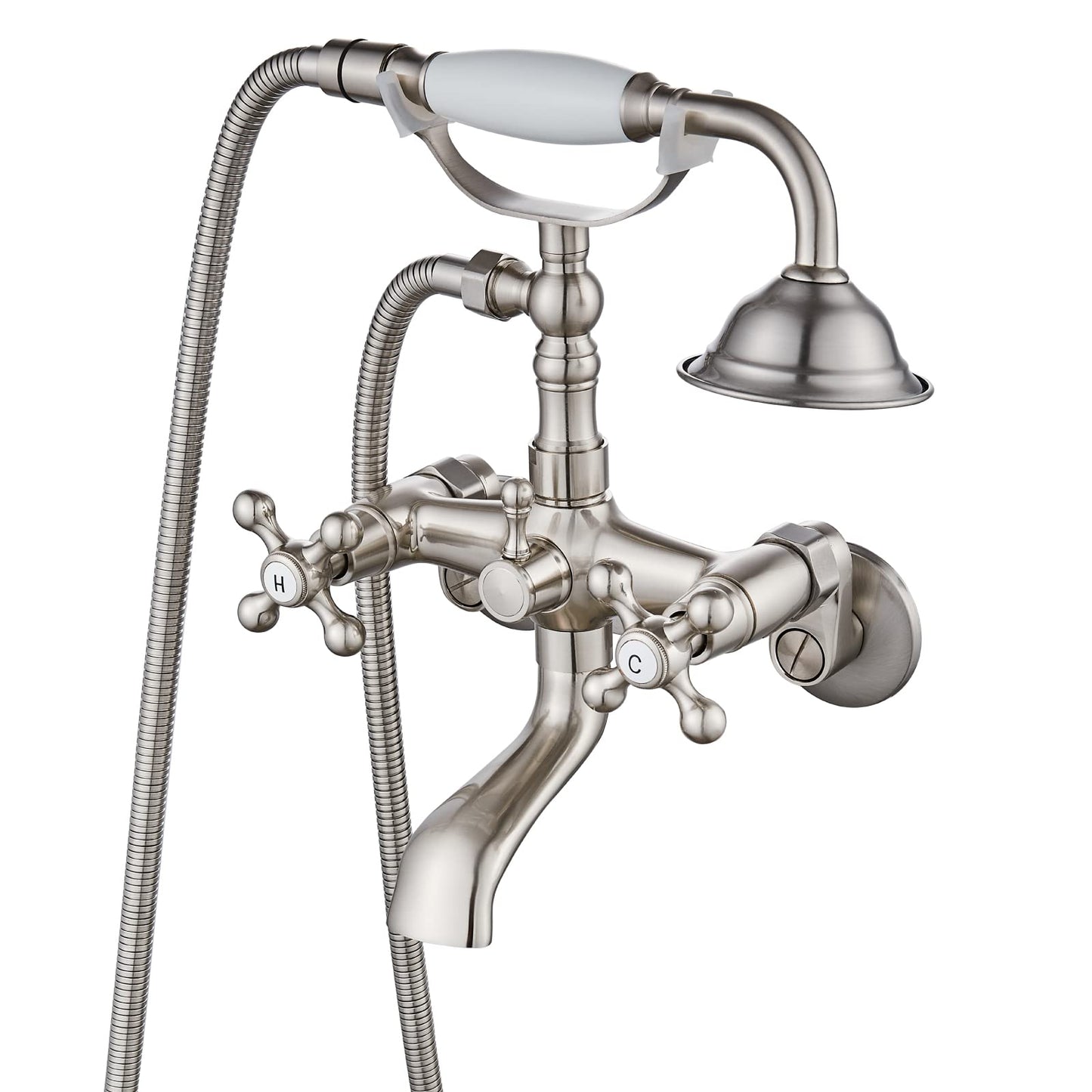 gotonovo Bathtub Clawfoot Faucet Brushed Nickel Finish Wall Mount Tub Filler with Hand Held Shower Faucet 2 Cross Handles with Tub Spout Victorian Vintage Telephone Style