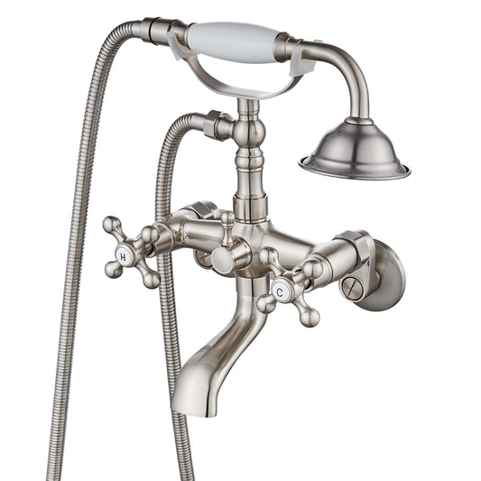 gotonovo Bathtub Clawfoot Faucet Brushed Nickel Finish Wall Mount Tub Filler with Hand Held Shower Faucet 2 Cross Handles with Tub Spout Victorian Vintage Telephone Style