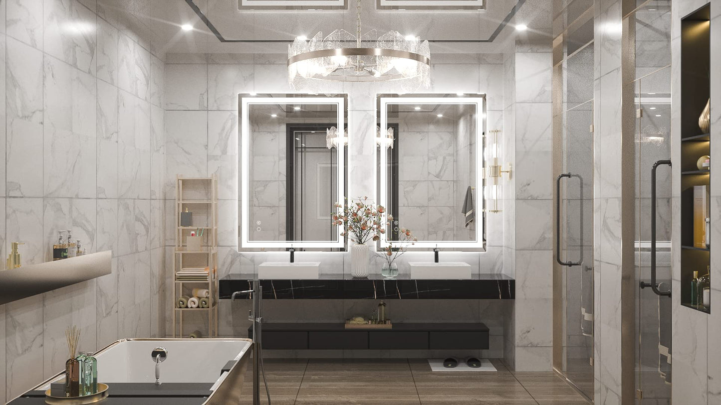 Keonjinn LED Bathroom Mirror 55 x 30 Inch Large Bathroom Mirror with Front Lights Lighted Vanity Mirror Wall Mounted Makeup Mirror Anti-Fog Dimmable Tempered Glass (Horizontal/Vertical)