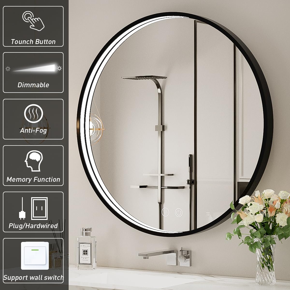 LED Round Mirror,36 Inch Gold Frame Bathroom Mirror with Light,6000K Lighted Vanity Mirror,Wall Mounted,Anti-Fog & Dimmable Touch Switch, Waterproof IP54