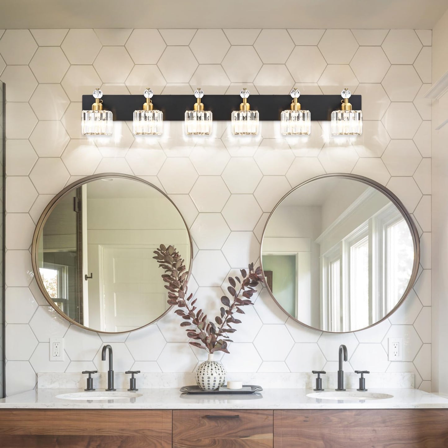 PRESDE Black Gold Crystal Bathroom Vanity Lights Fixtures Over Mirror Modern 3 Light Bath Wall Lighting