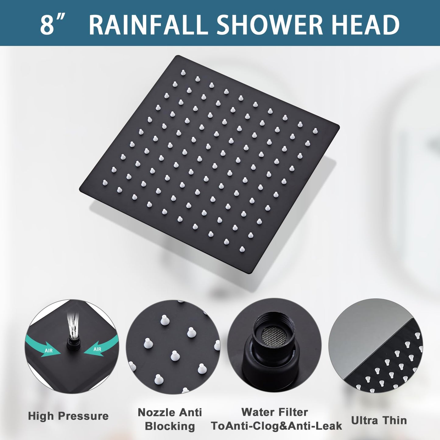 8 Inch Shower Faucet Set, Rainfall Shower System with High Pressure Handheld Shower Head, Bathroom Mixer Shower Set Wall Mounted Rough-in Valve and Trim Kit, with Tub Spout