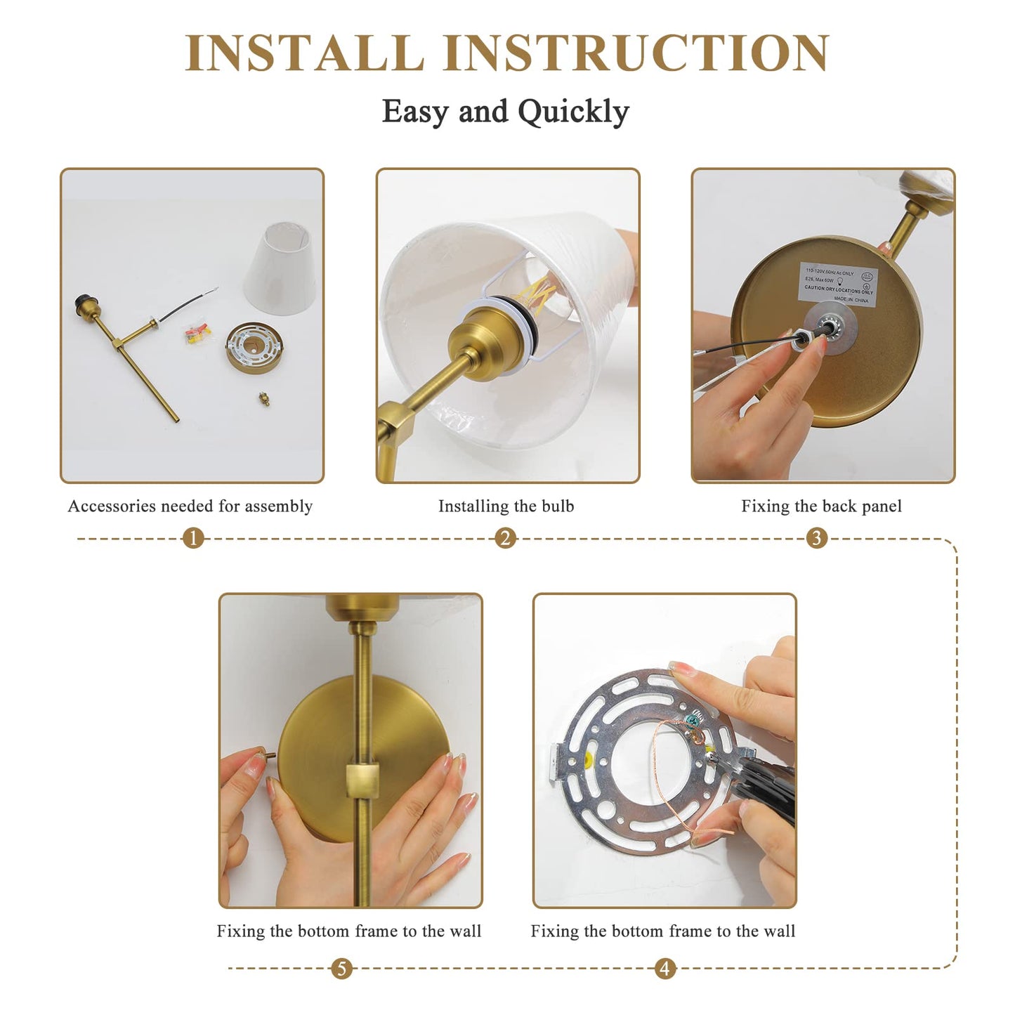 Bsmathom Wall Sconces Sets of 2, Classic Brushed Brass Sconces Wall Lighting, Hardwired Bathroom Vanity Light Fixture with Fabric Shade for Bedroom Living Room Hallway Kitchen, Gold
