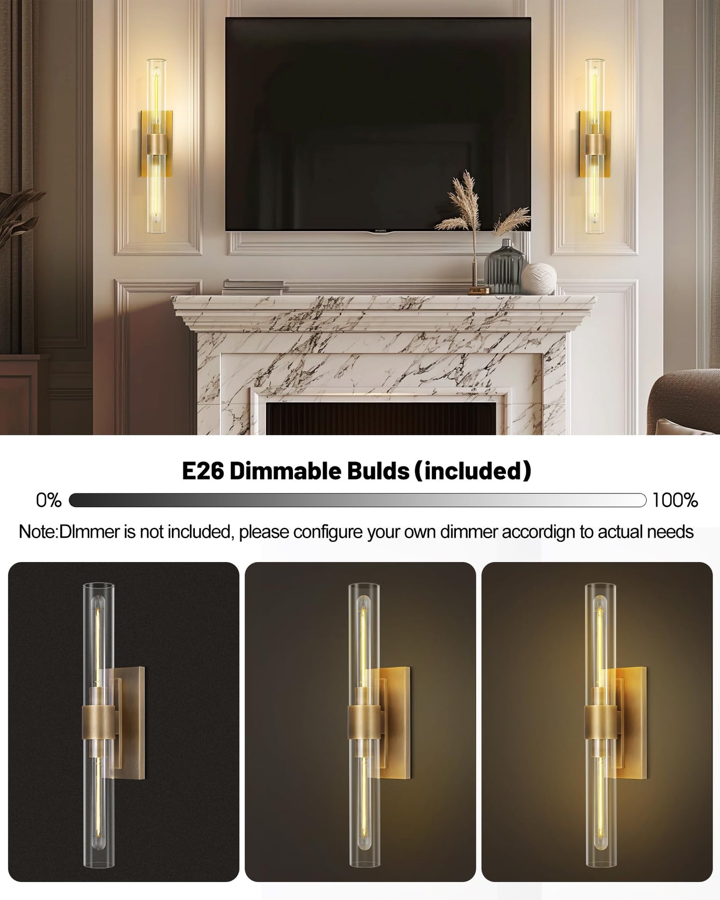 Brass Wall Sconces Set of Two, 22.8" Sconces Wall Lighting 2-Light, Gold Bathroom Vanity Wall Sconces, Glass Tube Wall Sconces, Indoor Wall Sconces for Bathroom, Bedroom, Vanity, Hallway