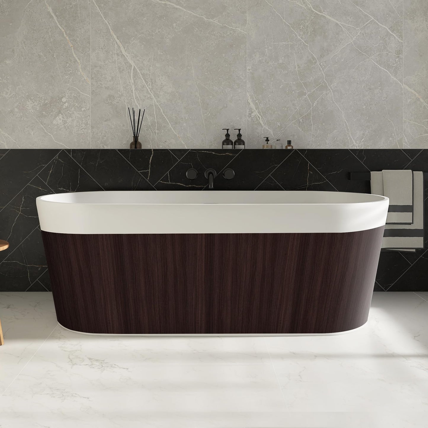 51'' Japanese Soaking Tub Freestanding Bathtub Resin Stone Bathtubs Deep soaking Tub with Overflow and Pop-up Drain - White
