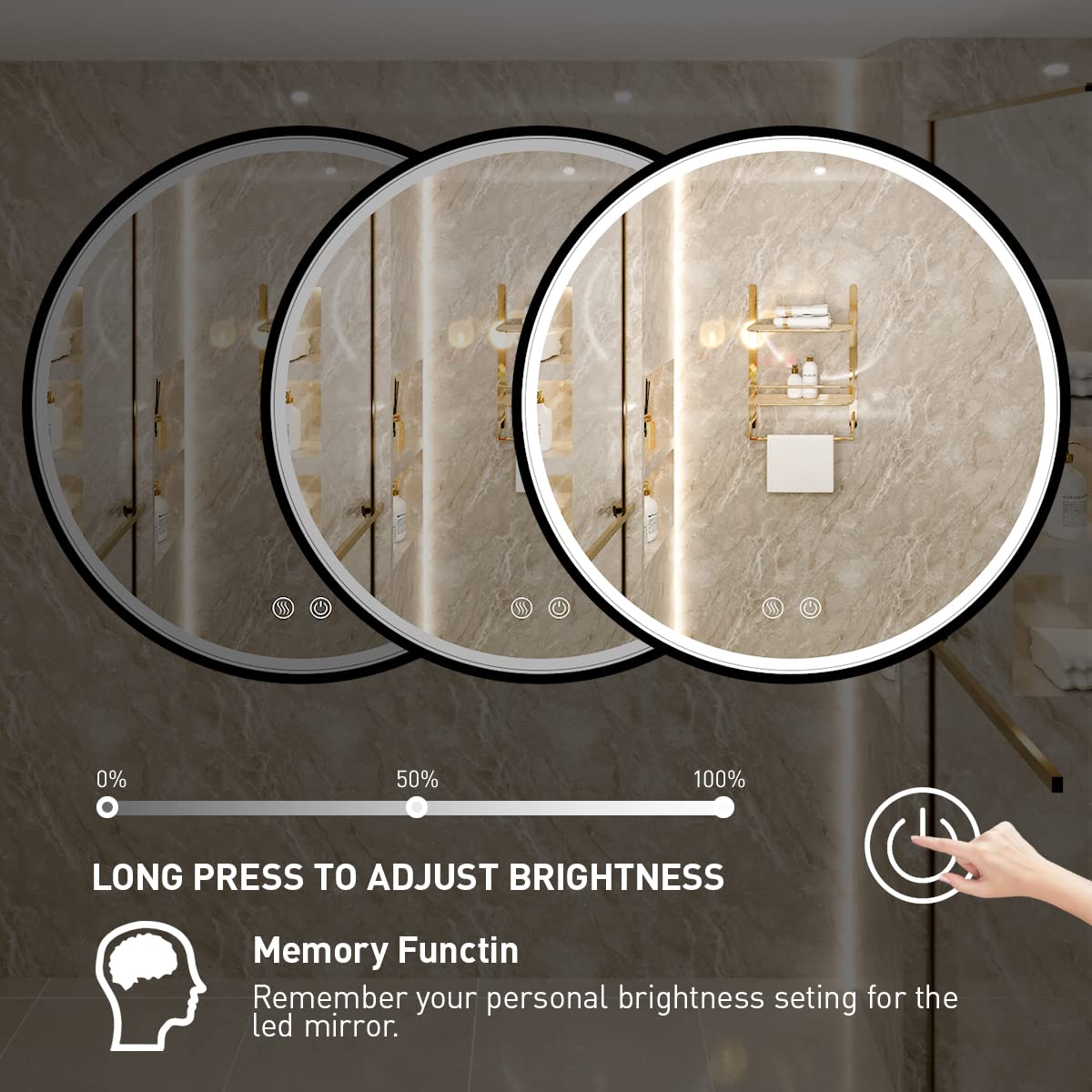 LED Round Mirror,36 Inch Gold Frame Bathroom Mirror with Light,6000K Lighted Vanity Mirror,Wall Mounted,Anti-Fog & Dimmable Touch Switch, Waterproof IP54