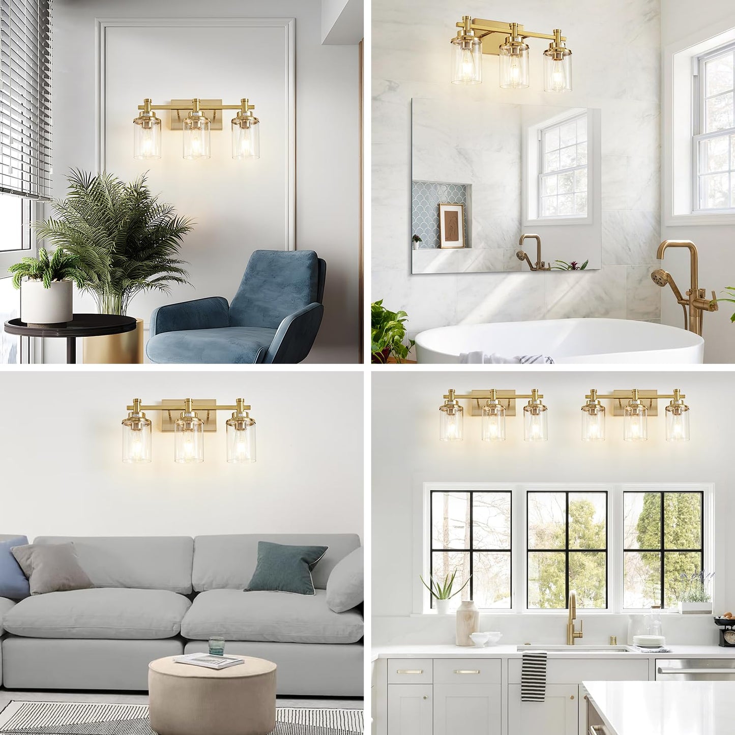 3 Light Bathroom Light Fixtures, Black and Brushed Gold Vanity Light Fixture Over Mirror, Modern Wall Sconces Lighting Wall Lamp for Bathroom, Bedroom, Hallway with Clear Glass Shade