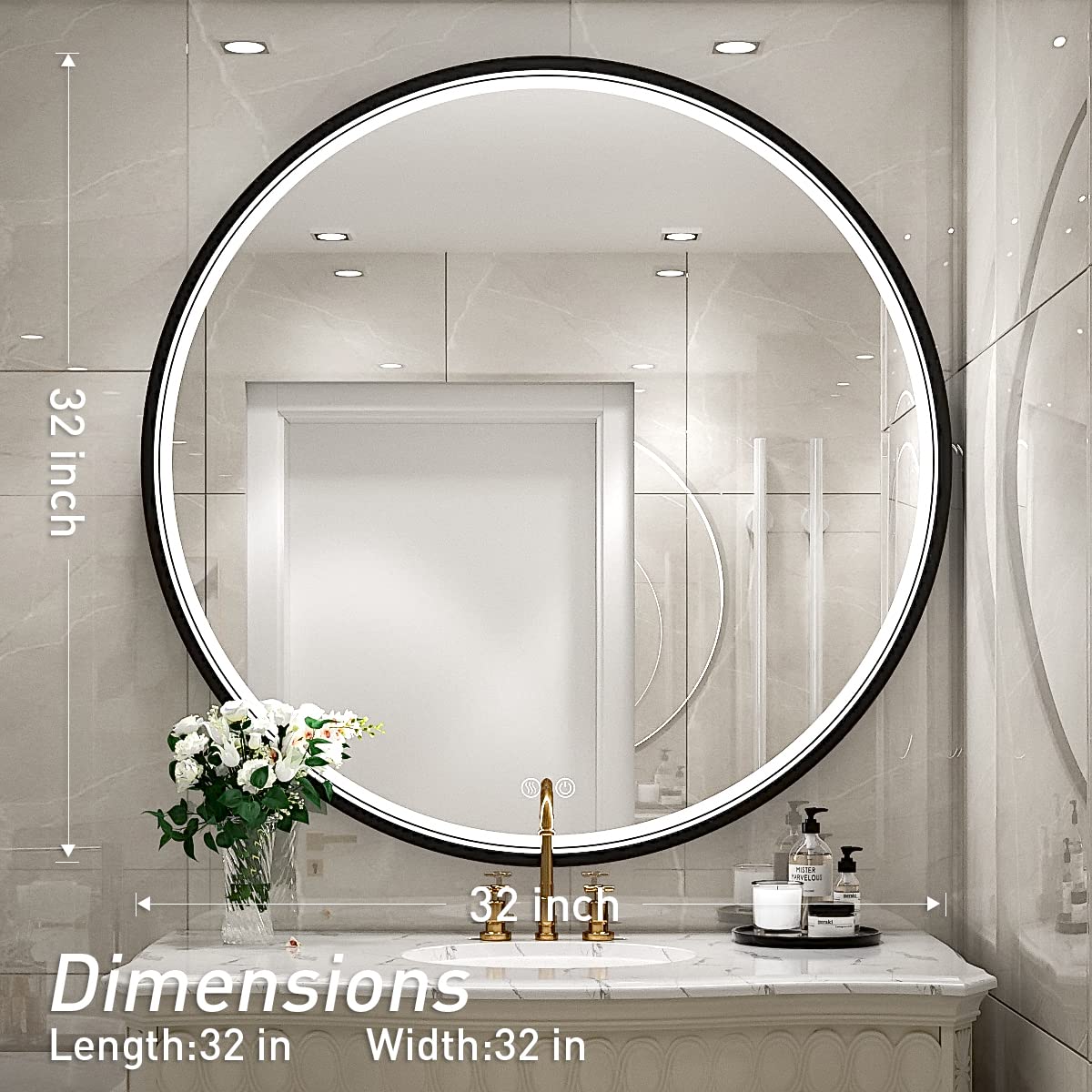 LED Round Mirror,36 Inch Gold Frame Bathroom Mirror with Light,6000K Lighted Vanity Mirror,Wall Mounted,Anti-Fog & Dimmable Touch Switch, Waterproof IP54