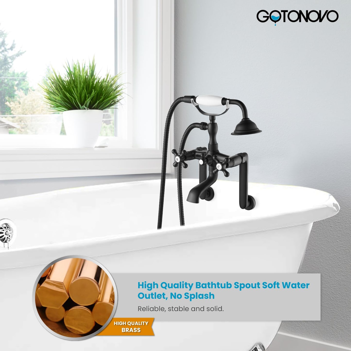 gotonovo Bathtub Clawfoot Faucet Brushed Nickel Finish Wall Mount Tub Filler with Hand Held Shower Faucet 2 Cross Handles with Tub Spout Victorian Vintage Telephone Style