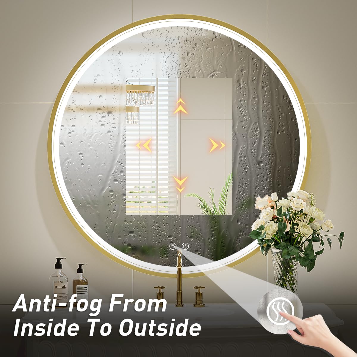 LED Round Mirror,36 Inch Gold Frame Bathroom Mirror with Light,6000K Lighted Vanity Mirror,Wall Mounted,Anti-Fog & Dimmable Touch Switch, Waterproof IP54