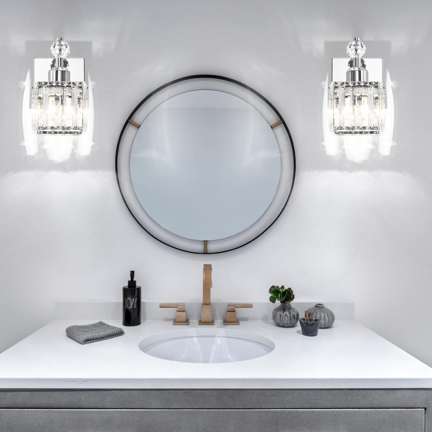 PRESDE Black Gold Crystal Bathroom Vanity Lights Fixtures Over Mirror Modern 3 Light Bath Wall Lighting