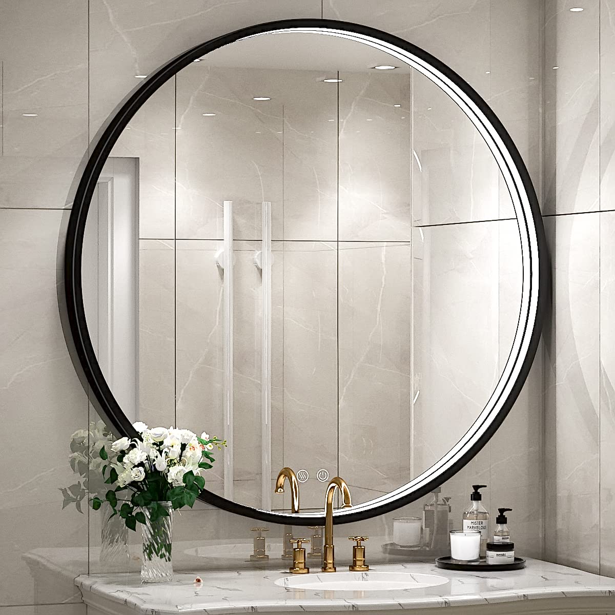LED Round Mirror,36 Inch Gold Frame Bathroom Mirror with Light,6000K Lighted Vanity Mirror,Wall Mounted,Anti-Fog & Dimmable Touch Switch, Waterproof IP54