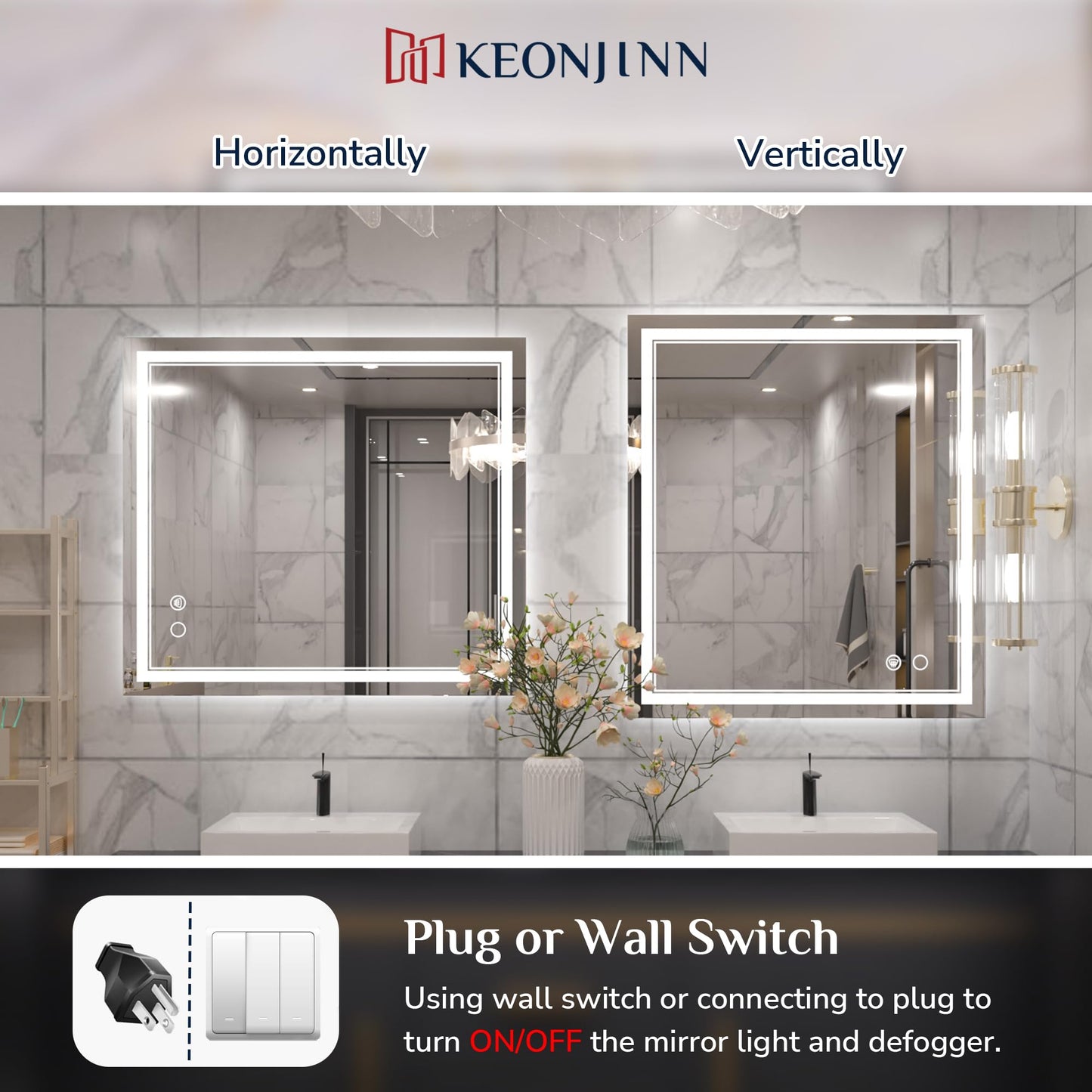 Keonjinn LED Bathroom Mirror 55 x 30 Inch Large Bathroom Mirror with Front Lights Lighted Vanity Mirror Wall Mounted Makeup Mirror Anti-Fog Dimmable Tempered Glass (Horizontal/Vertical)