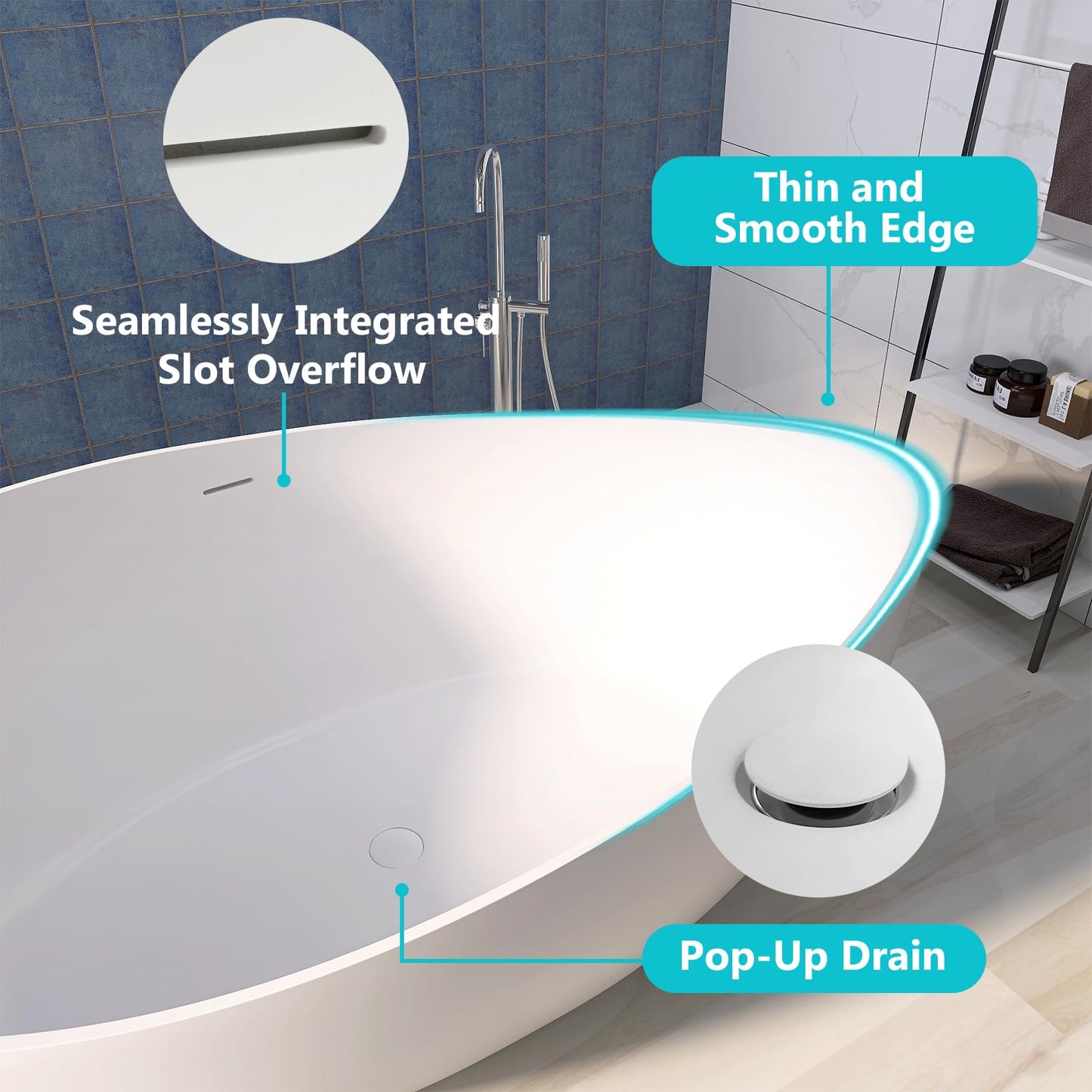 51'' Japanese Soaking Tub Freestanding Bathtub Resin Stone Bathtubs Deep soaking Tub with Overflow and Pop-up Drain - White