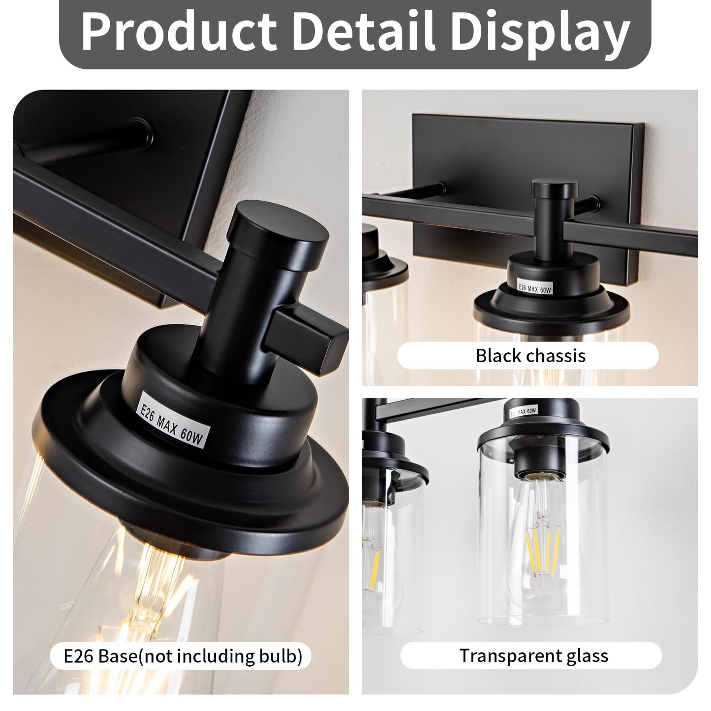 3 Light Bathroom Light Fixtures, Black and Brushed Gold Vanity Light Fixture Over Mirror, Modern Wall Sconces Lighting Wall Lamp for Bathroom, Bedroom, Hallway with Clear Glass Shade