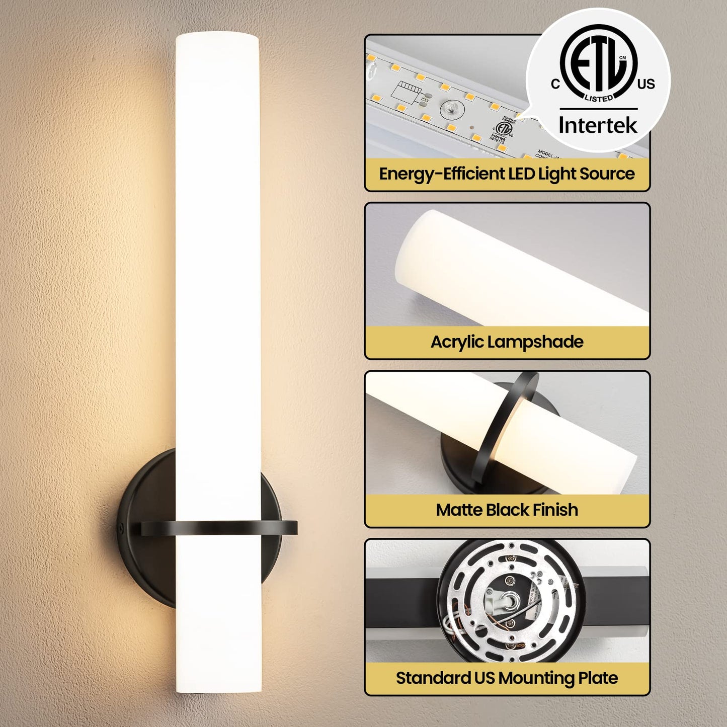Gold Wall Sconces Set of Two - Dimmable Modern Sconces Wall Lighting 18W 3000K Led Wall Lights Acrylic Lampshade Hardwired Wall Light Fixtures for Living Room Bedroom Bathroom Hallway 18inch