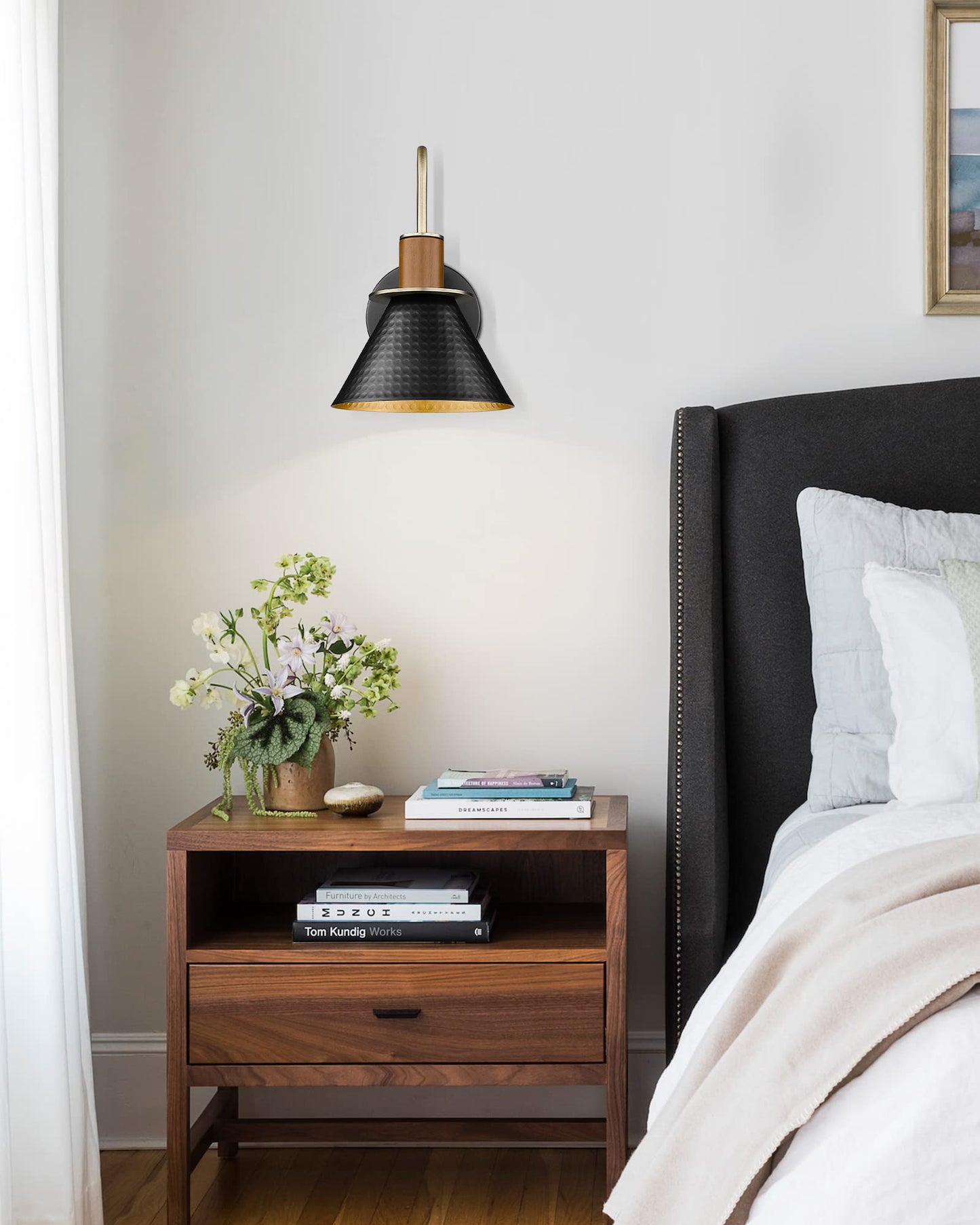 Modern Wall Sconces Set of Two, HWH Industrial Sconce Wall Lighting Indoor Wall Lamp, Gooseneck 1-Light Barn Vanity Light, Hammered Metal Shade, Black and Gold Finish, 5HZG74B-2 BK+BG