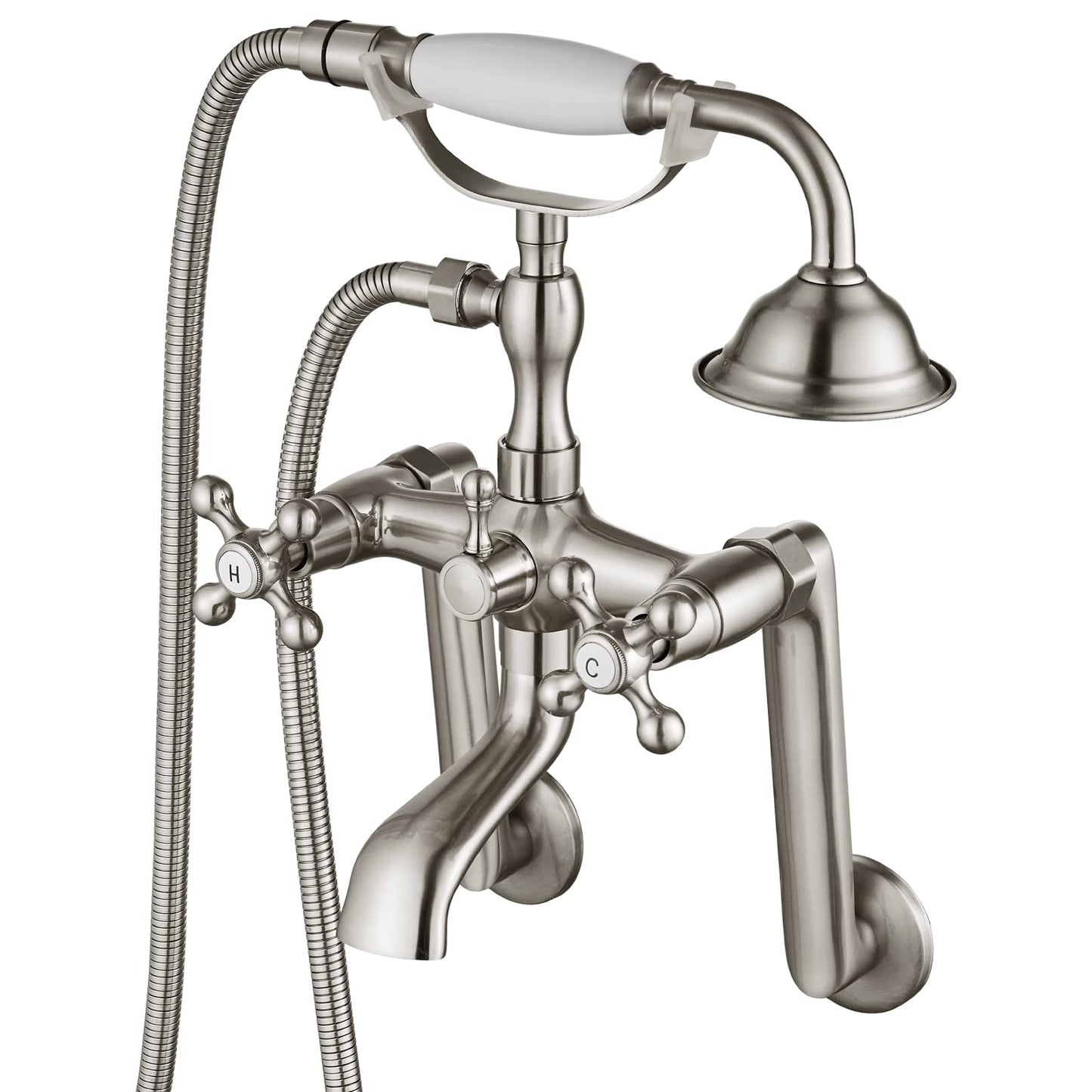 gotonovo Bathtub Clawfoot Faucet Brushed Nickel Finish Wall Mount Tub Filler with Hand Held Shower Faucet 2 Cross Handles with Tub Spout Victorian Vintage Telephone Style