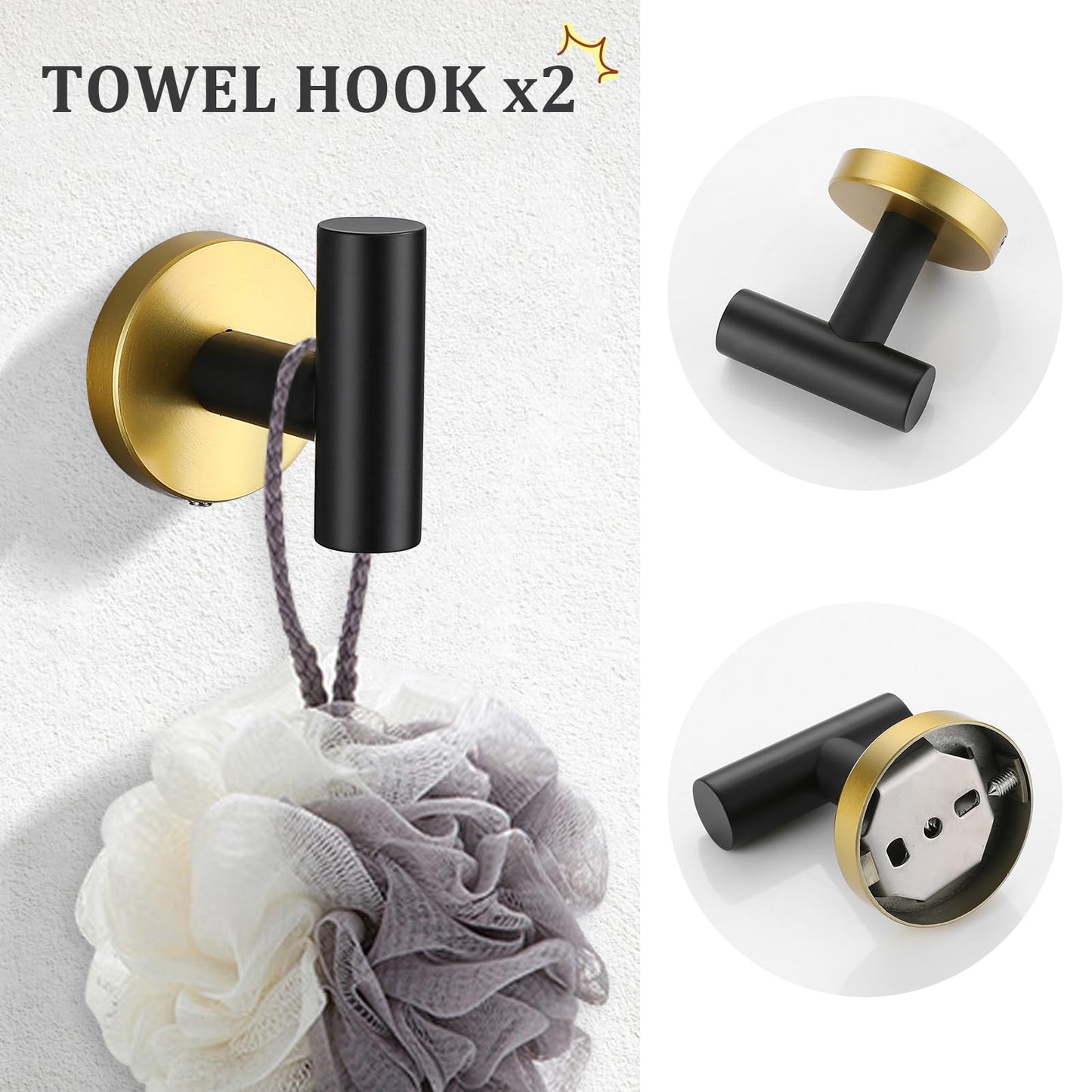 TURS Brushed Gold 5 Piece Bathroom Hardware Set, SUS304 Stainless Steel 24 Inch Bath Towel Bar Set, Round Bathroom Accessories Kit Wall Mounted