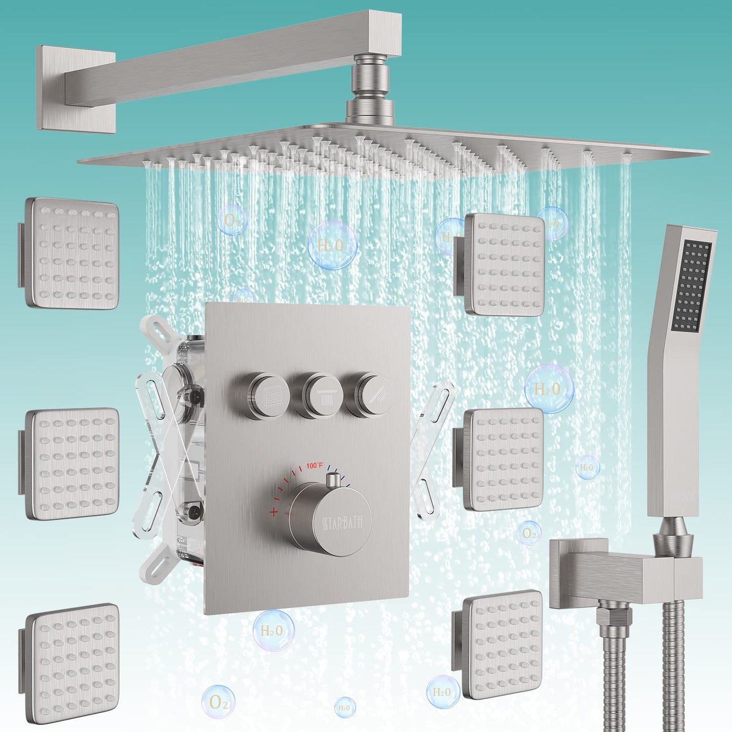 Gold Shower System, 12 Inch Shower Jets System Rain Shower Wall Mounted Body Spray Shower Faucet with Handheld and 6 Shower Jets Thermostatic Valve Body Can Use All Together-Brushed Gold