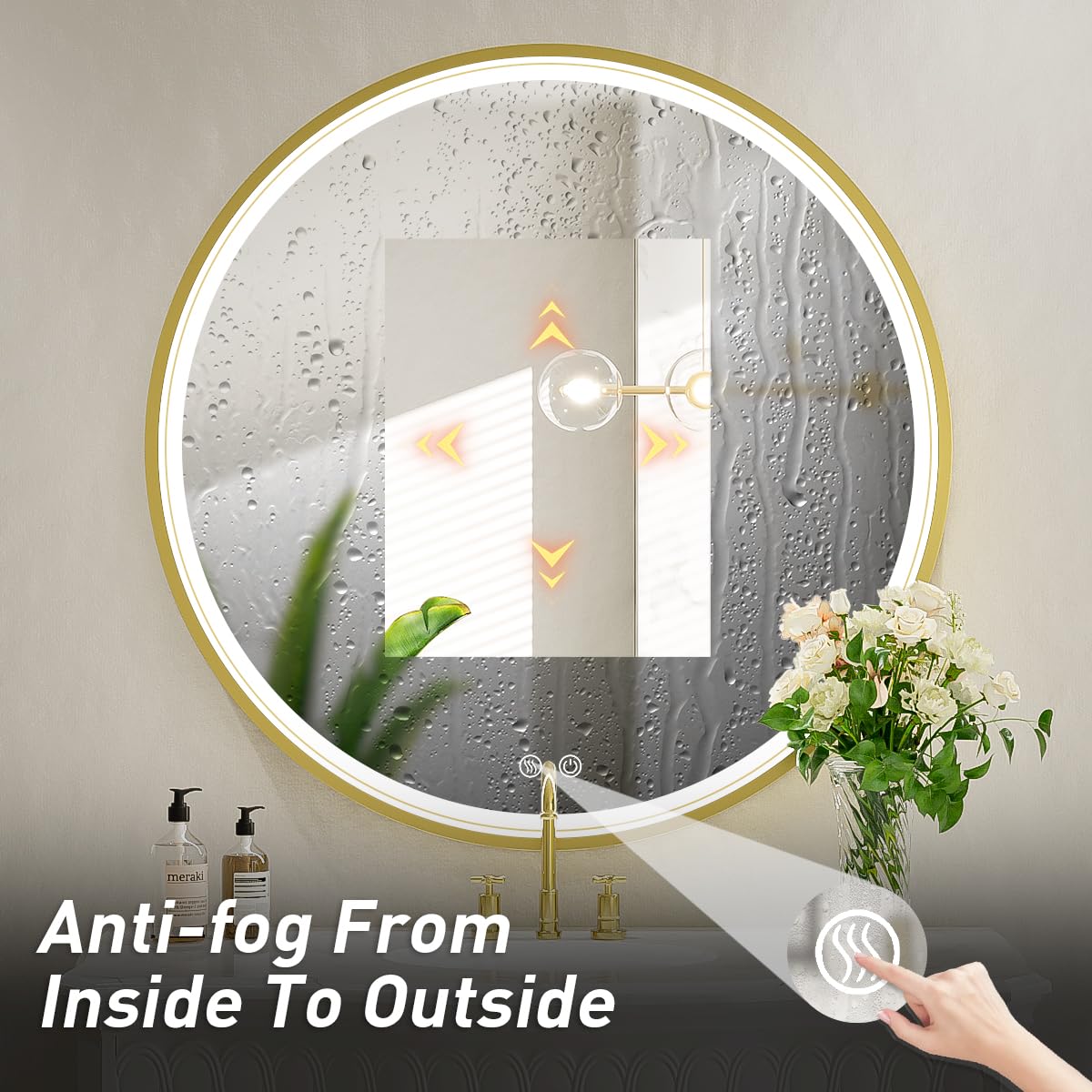 LED Round Mirror,36 Inch Gold Frame Bathroom Mirror with Light,6000K Lighted Vanity Mirror,Wall Mounted,Anti-Fog & Dimmable Touch Switch, Waterproof IP54