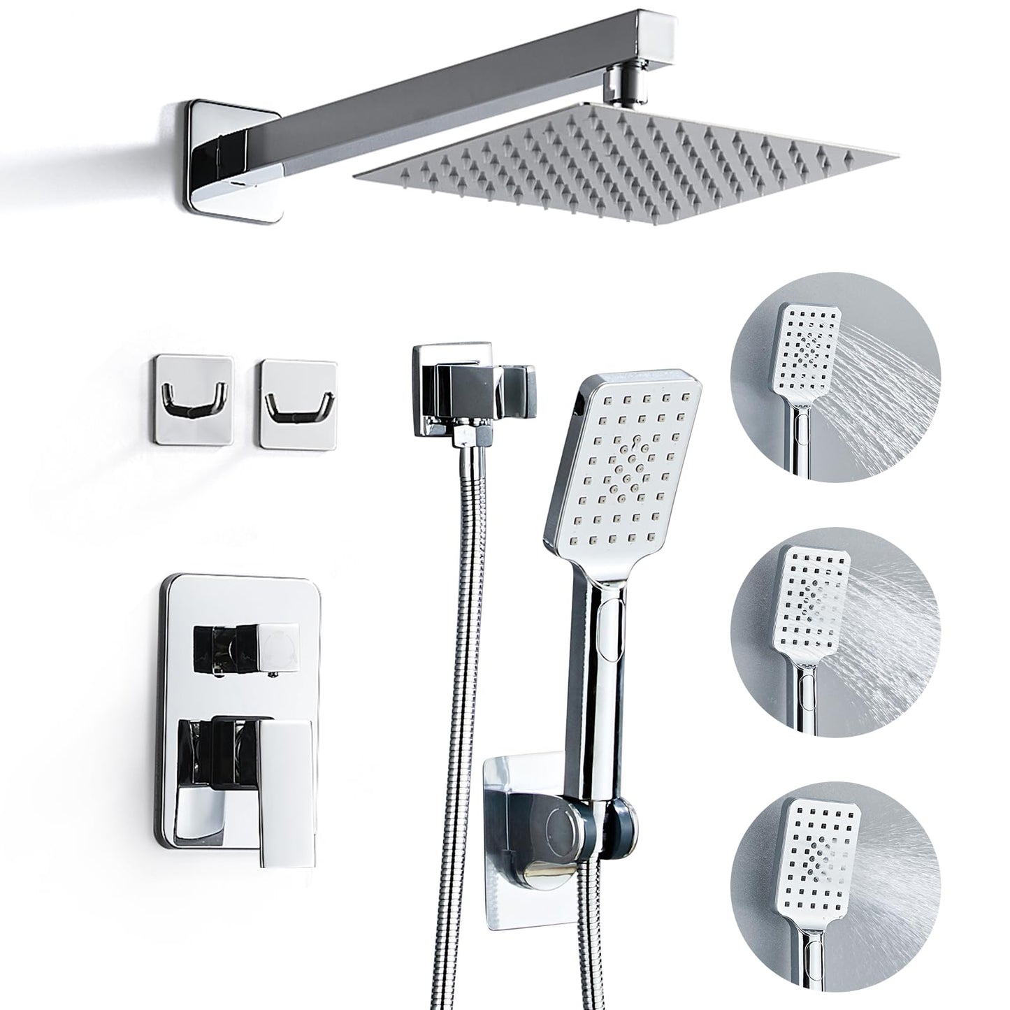 8 Inch Shower Faucet Set, Rainfall Shower System with High Pressure Handheld Shower Head, Bathroom Mixer Shower Set Wall Mounted Rough-in Valve and Trim Kit, with Tub Spout