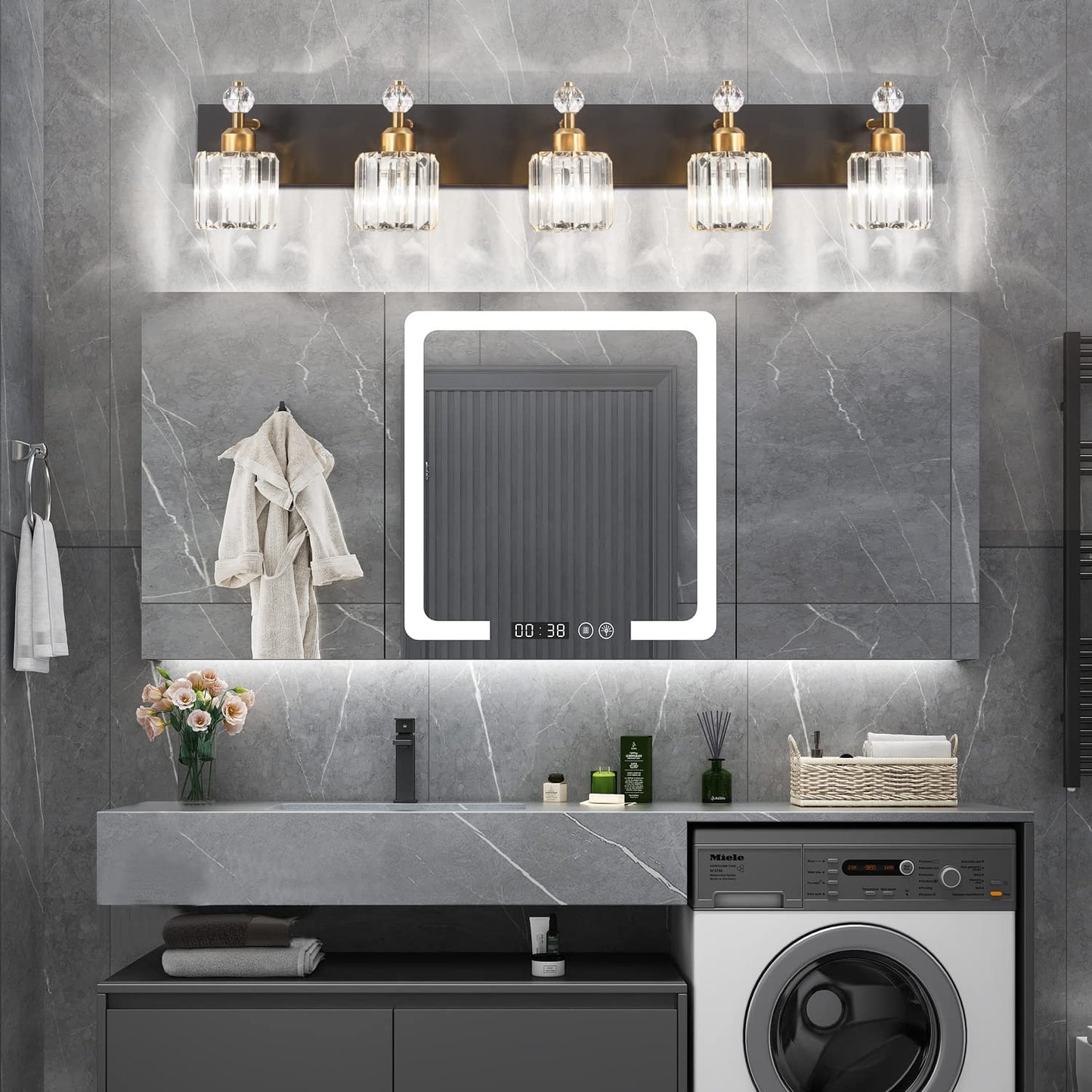 PRESDE Black Gold Crystal Bathroom Vanity Lights Fixtures Over Mirror Modern 3 Light Bath Wall Lighting