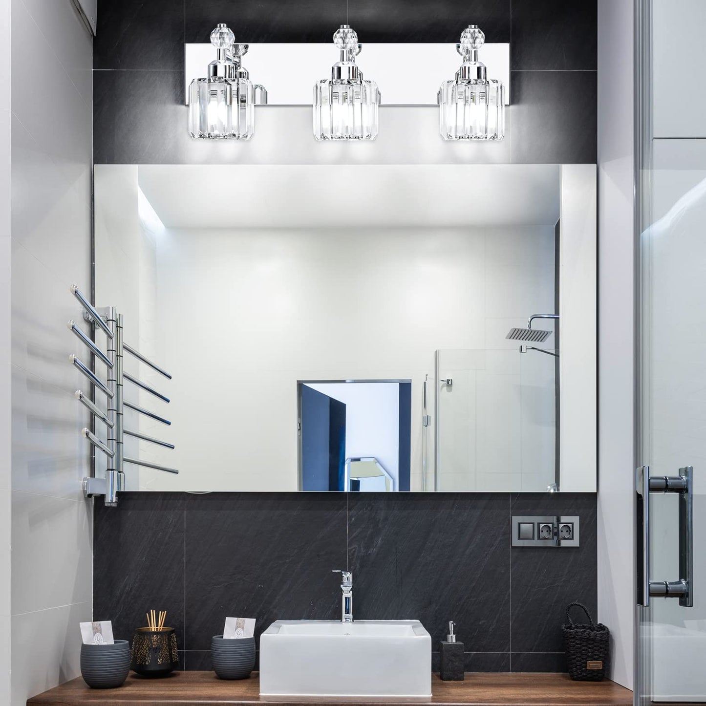 PRESDE Black Gold Crystal Bathroom Vanity Lights Fixtures Over Mirror Modern 3 Light Bath Wall Lighting