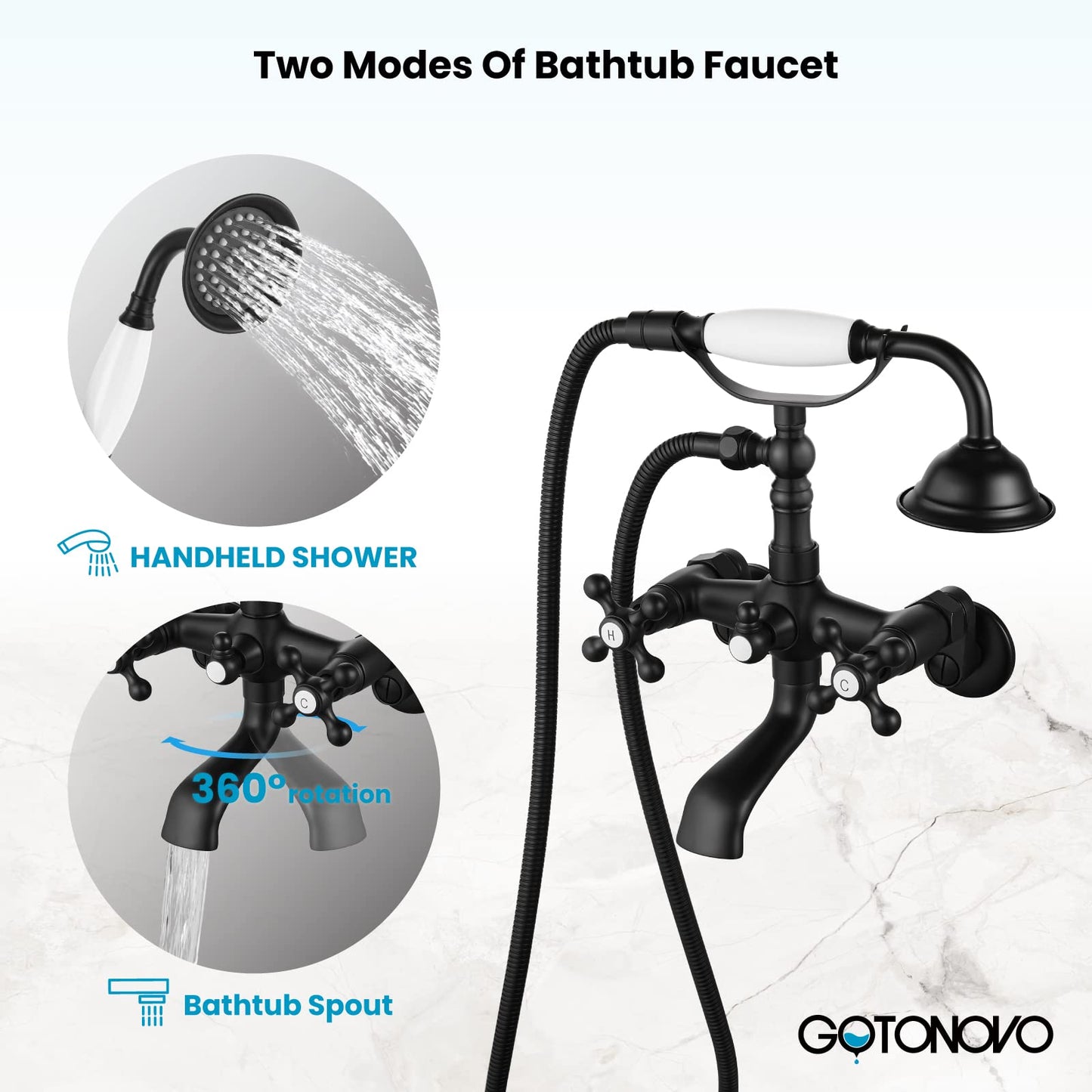 gotonovo Bathtub Clawfoot Faucet Brushed Nickel Finish Wall Mount Tub Filler with Hand Held Shower Faucet 2 Cross Handles with Tub Spout Victorian Vintage Telephone Style