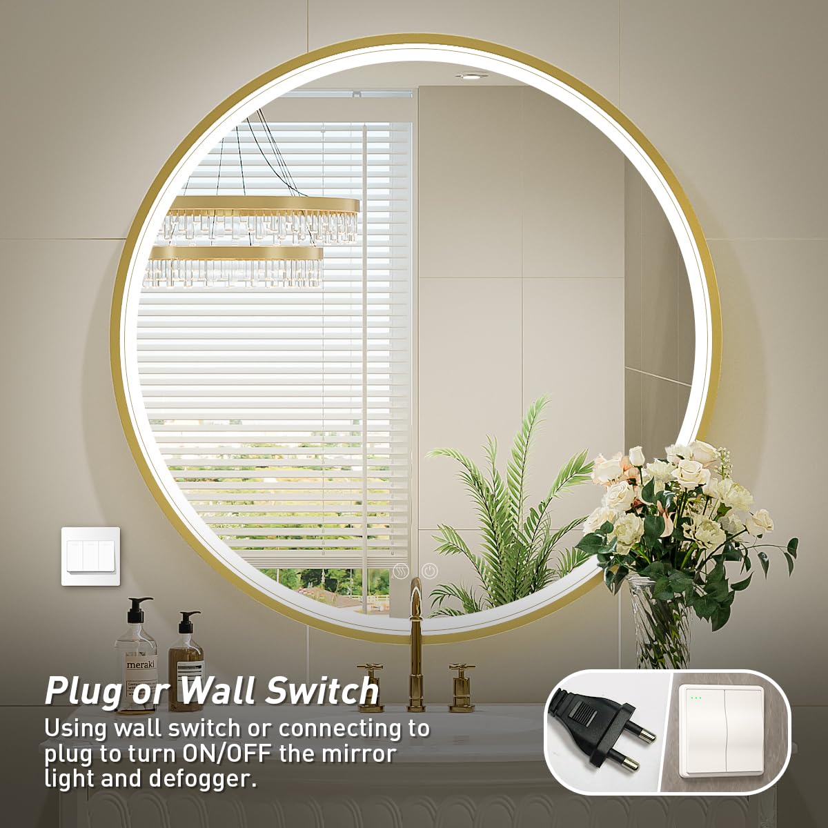 LED Round Mirror,36 Inch Gold Frame Bathroom Mirror with Light,6000K Lighted Vanity Mirror,Wall Mounted,Anti-Fog & Dimmable Touch Switch, Waterproof IP54