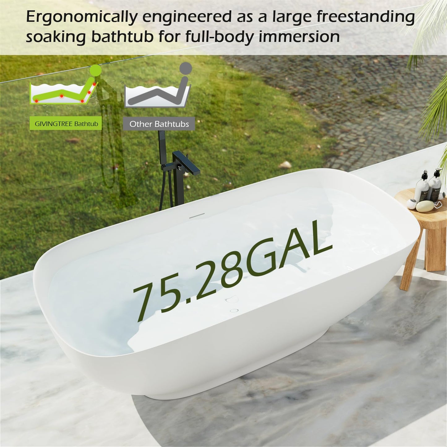 Freestanding Solid Surface Resin Stone Bathtub, Contemporary Design Stand Alone Tub with Pop-up Drain and Overflow, cUPC Certified (PO1041)