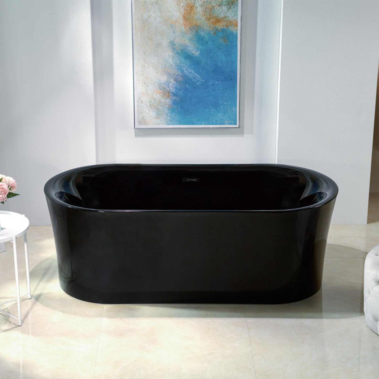 WOODBRIDGE 59" Acrylic Freestanding Bathtub Contemporary Soaking White Tub with Brushed Nickel Overflow and Drain,B0014 -B/N-Drain &O