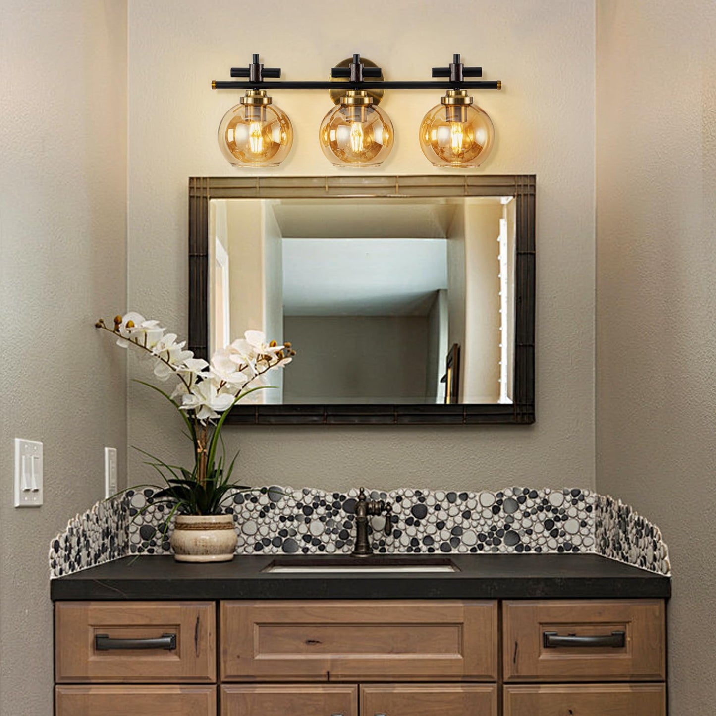 Bathroom Vanity Light, 3-Lights Vanity Lights for Bathroom, Bathroom Light Fixtures Over Mirror with Amber Glass Shade, 23 inch Modern Vanity Light (Amber Glass, 3 Lights)