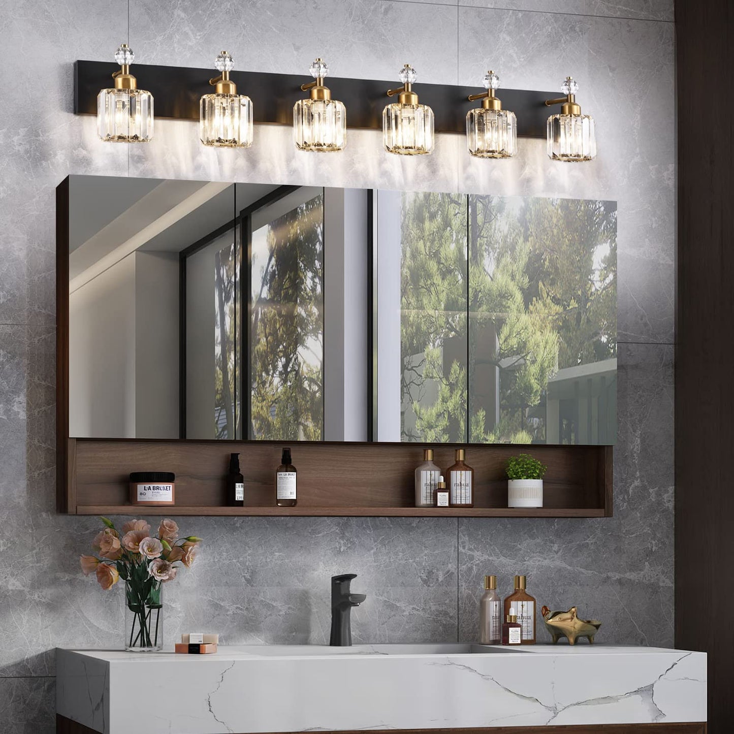 PRESDE Black Gold Crystal Bathroom Vanity Lights Fixtures Over Mirror Modern 3 Light Bath Wall Lighting