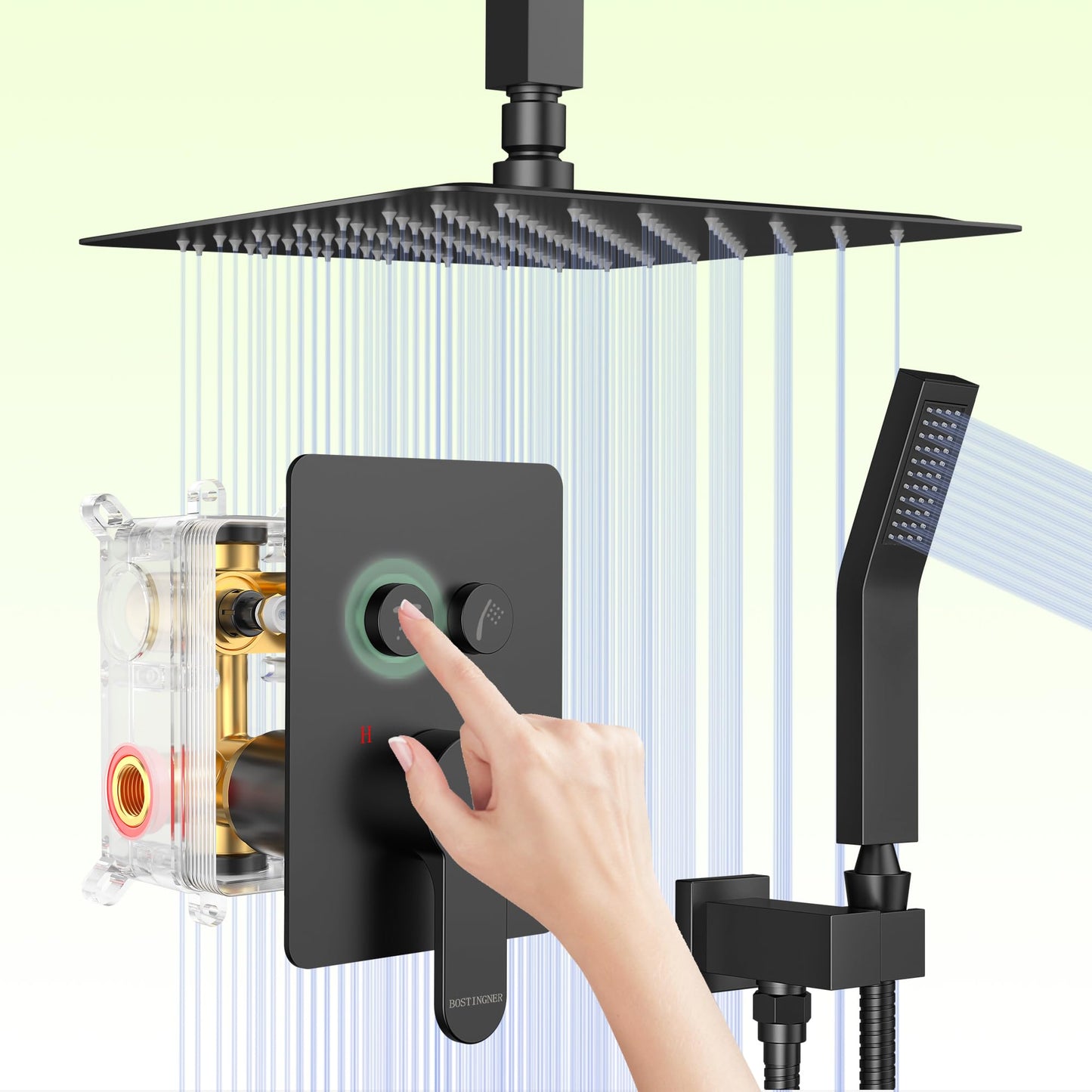 Matte Black Shower System, Shower Faucet Set with 3 Way Pressure Balance Valve and Trim Kit All Metal 10 Inch Rainfall Shower Head System Wall Mounted Can Use All Faucets At Same Time