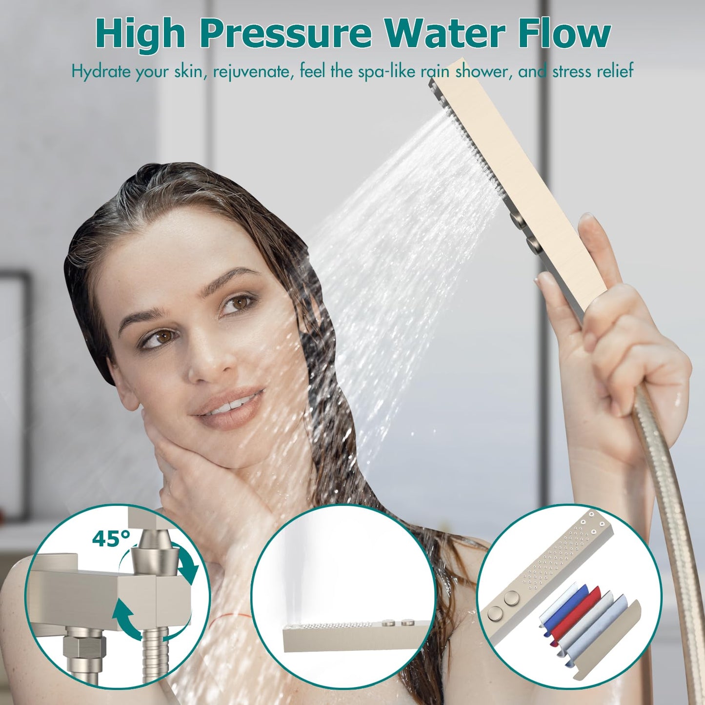 Gold Shower System, 12 Inch Shower Jets System Rain Shower Wall Mounted Body Spray Shower Faucet with Handheld and 6 Shower Jets Thermostatic Valve Body Can Use All Together-Brushed Gold
