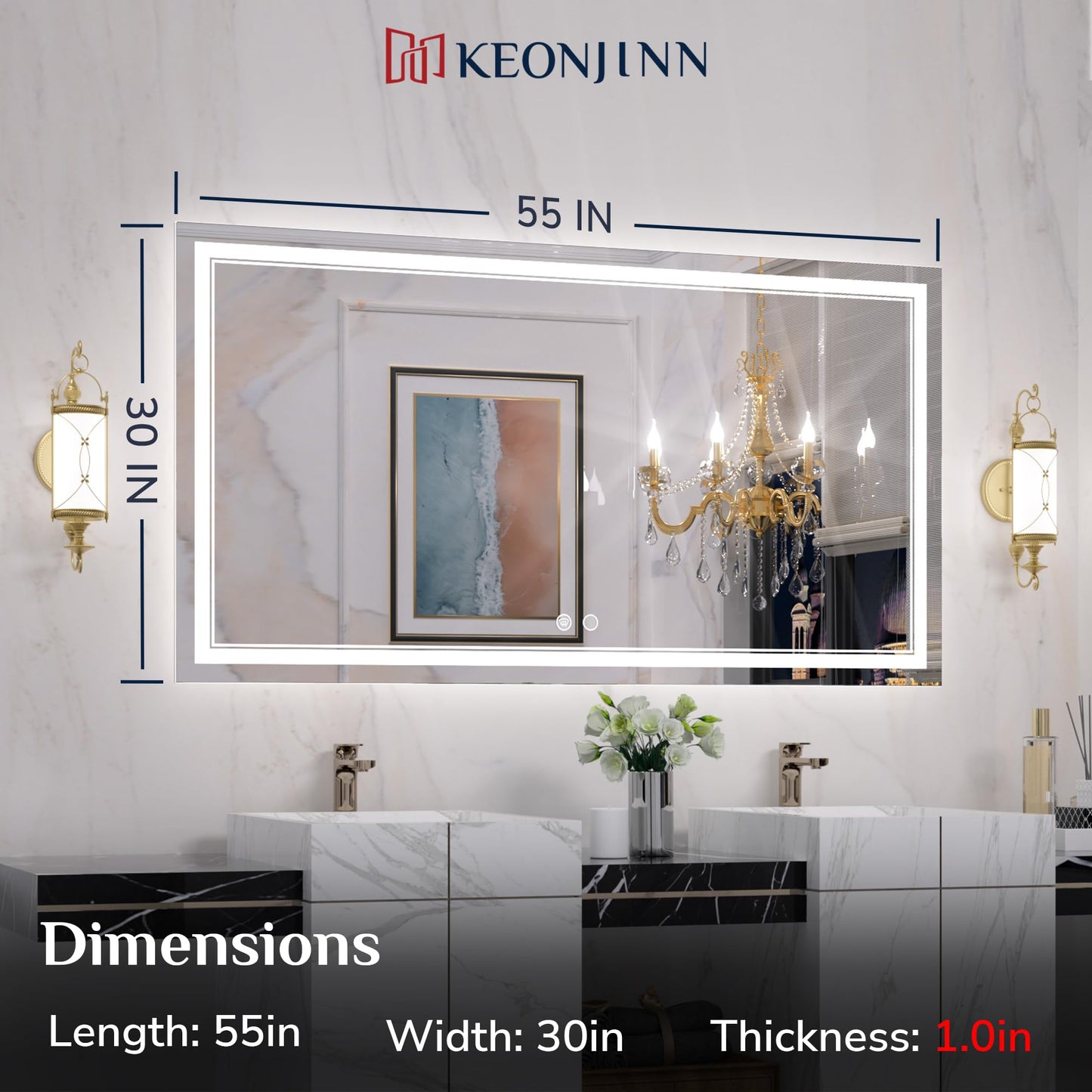 Keonjinn LED Bathroom Mirror 55 x 30 Inch Large Bathroom Mirror with Front Lights Lighted Vanity Mirror Wall Mounted Makeup Mirror Anti-Fog Dimmable Tempered Glass (Horizontal/Vertical)