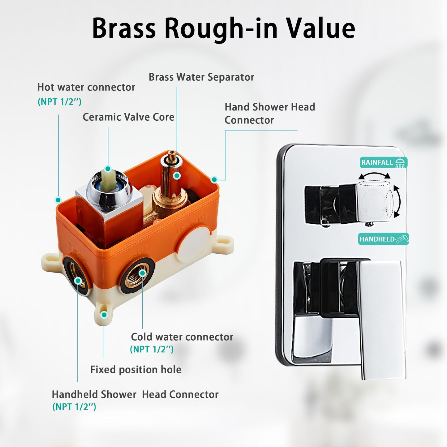 8 Inch Shower Faucet Set, Rainfall Shower System with High Pressure Handheld Shower Head, Bathroom Mixer Shower Set Wall Mounted Rough-in Valve and Trim Kit, with Tub Spout