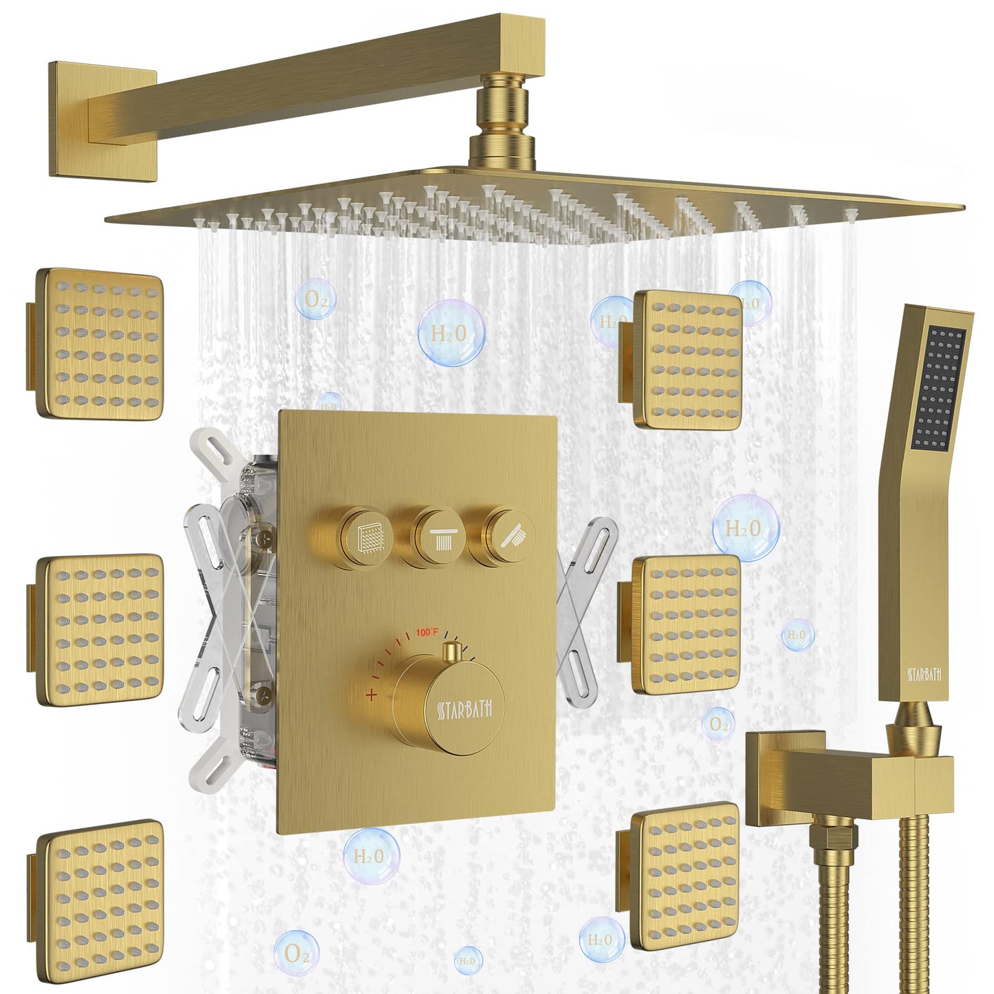 Gold Shower System, 12 Inch Shower Jets System Rain Shower Wall Mounted Body Spray Shower Faucet with Handheld and 6 Shower Jets Thermostatic Valve Body Can Use All Together-Brushed Gold
