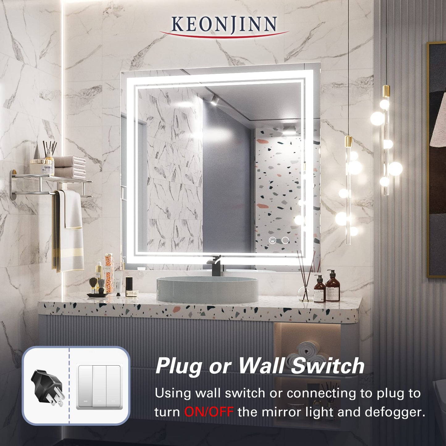 Keonjinn LED Bathroom Mirror 55 x 30 Inch Large Bathroom Mirror with Front Lights Lighted Vanity Mirror Wall Mounted Makeup Mirror Anti-Fog Dimmable Tempered Glass (Horizontal/Vertical)